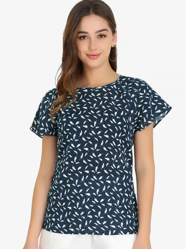 Summer Leaf Printed Round Neck Short Sleeve Blouse sold by Allegra K