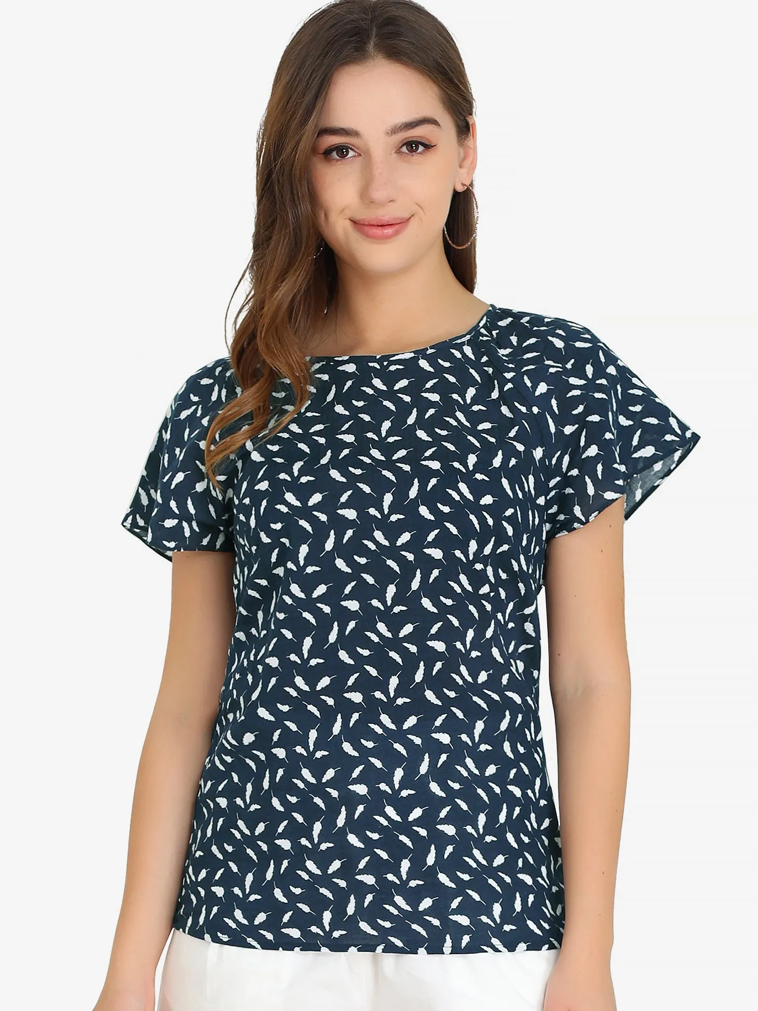 Summer Leaf Printed Round Neck Short Sleeve Blouse sold by Allegra K