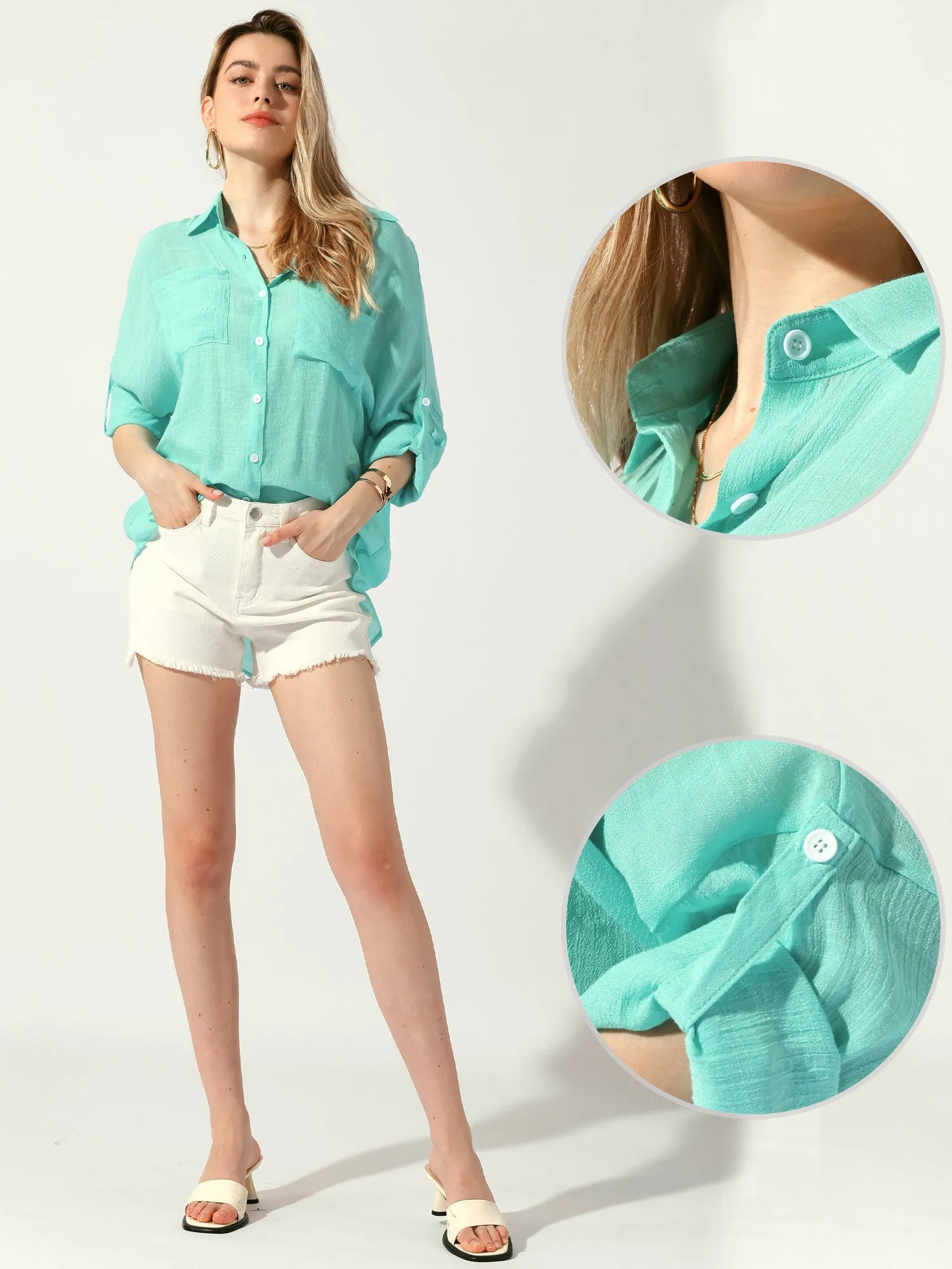 Long Sleeve Oversized Boyfriend Sheer Button Down Shirt sold by Allegra K product image thumbnail 5