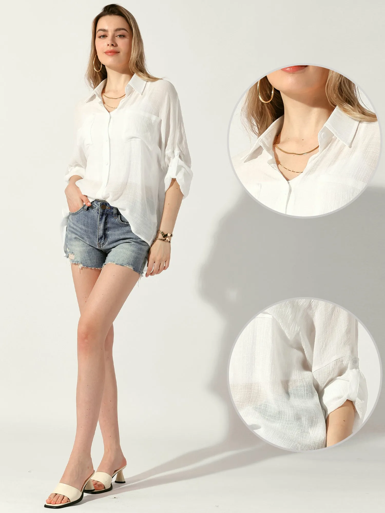 Long Sleeve Oversized Boyfriend Sheer Button Down Shirt sold by Allegra K product image thumbnail 2