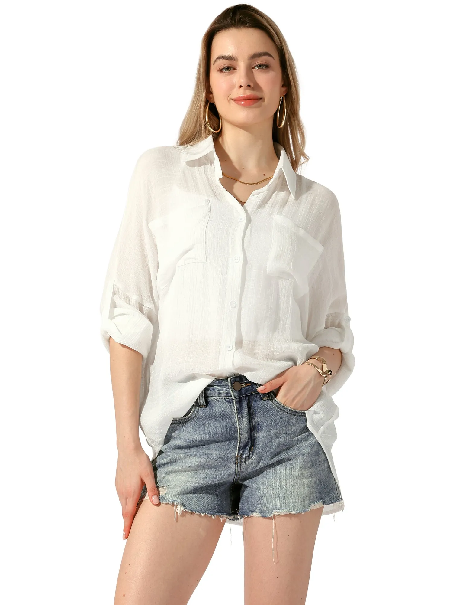 Long Sleeve Oversized Boyfriend Sheer Button Down Shirt sold by Allegra K product image thumbnail 4