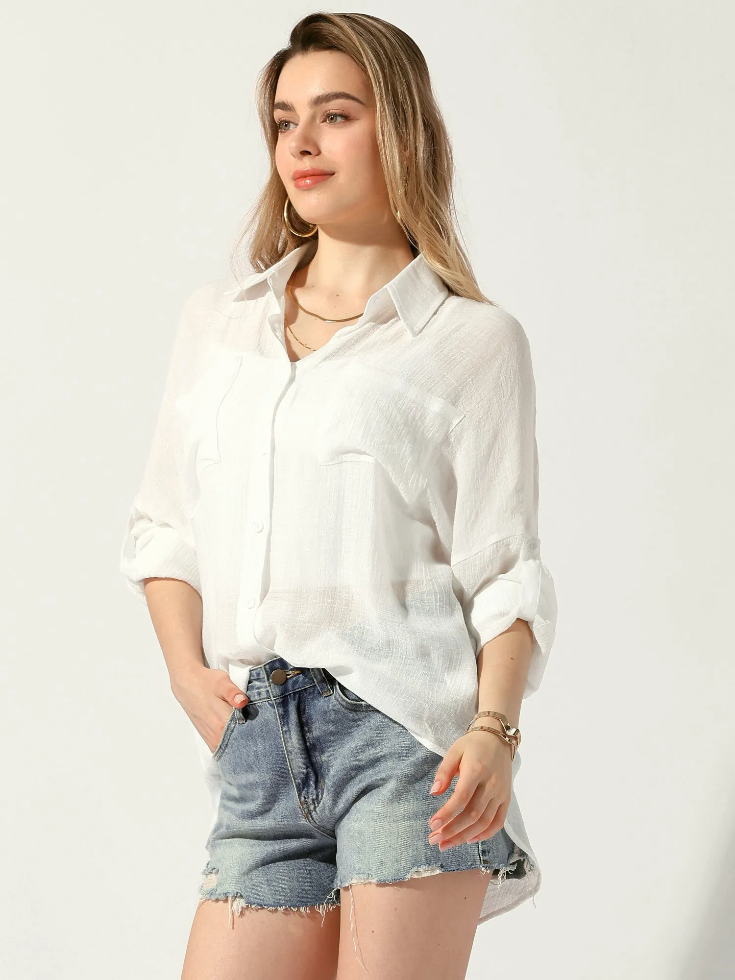 Long Sleeve Oversized Boyfriend Sheer Button Down Shirt sold by Allegra K