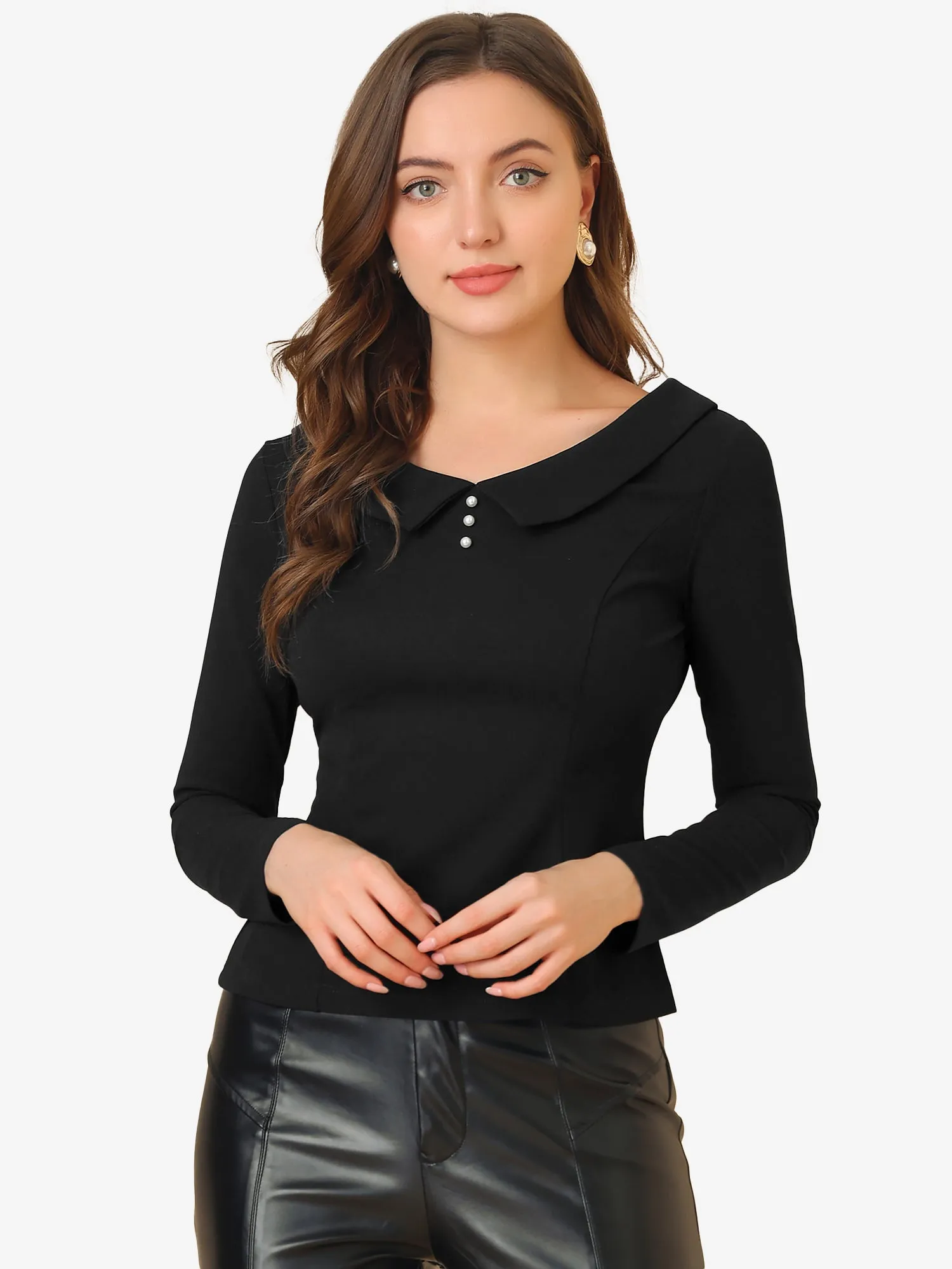 Peter Pan Collar Long Sleeve Button Decor Slim Fit Blouse sold by Allegra K