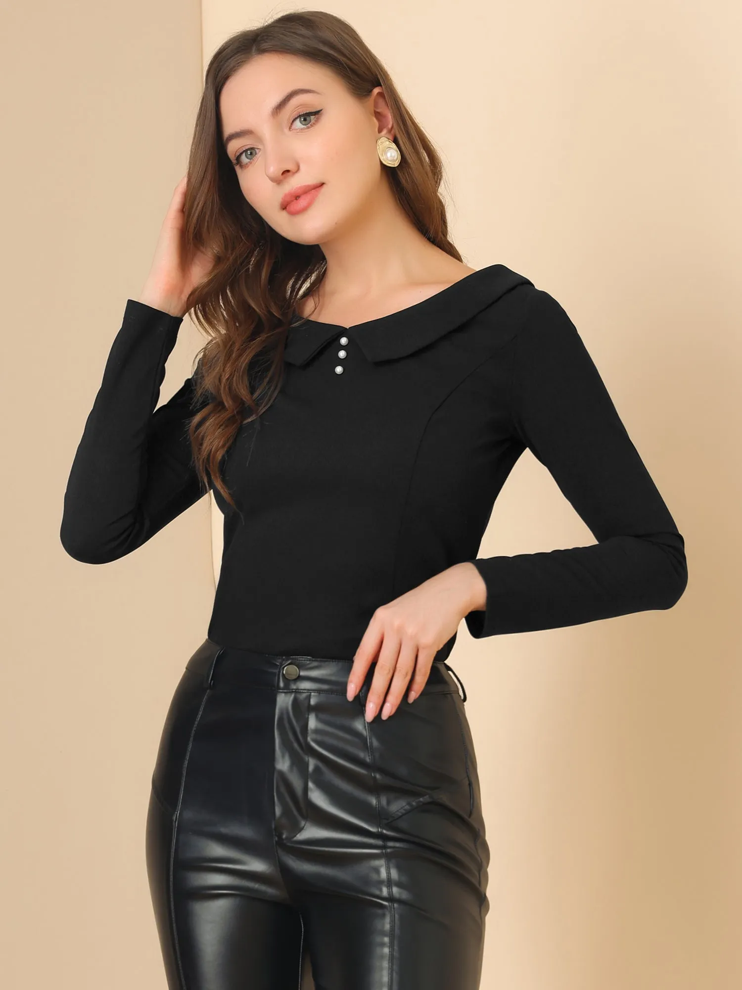 Peter Pan Collar Long Sleeve Button Decor Slim Fit Blouse sold by Allegra K product image thumbnail 3