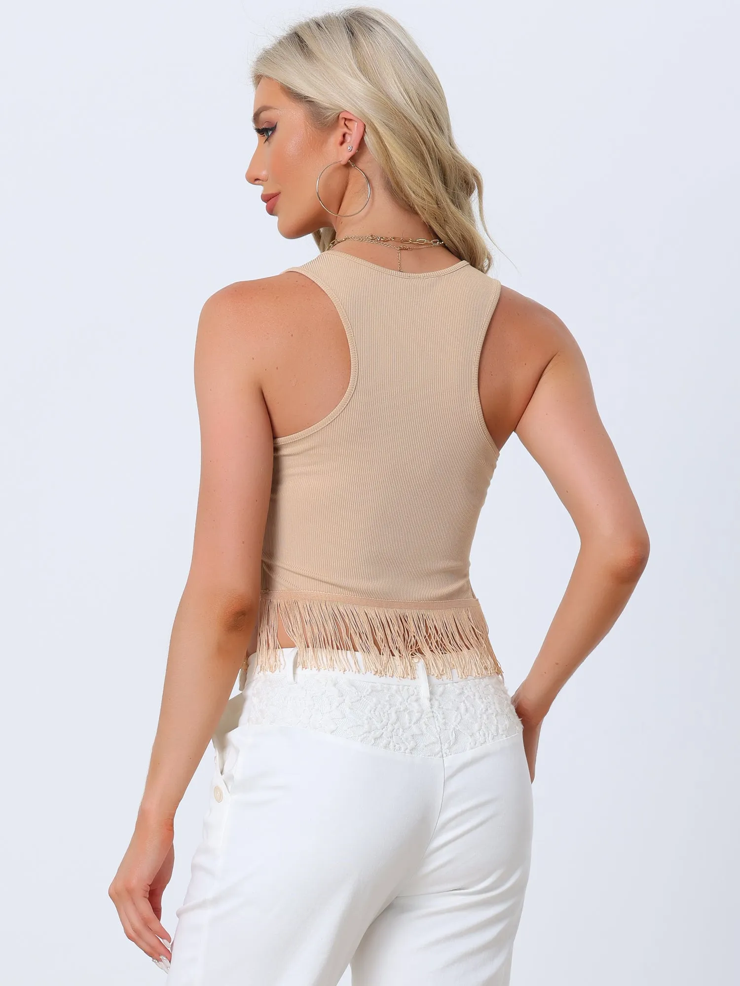 Crew Neck Sleeveless Crop Tassel Trim Ribbed Knit Tank sold by Allegra K product image thumbnail 3
