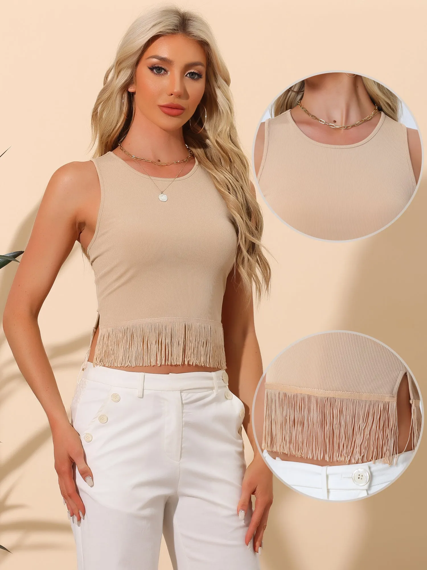 Crew Neck Sleeveless Crop Tassel Trim Ribbed Knit Tank sold by Allegra K product image thumbnail 2
