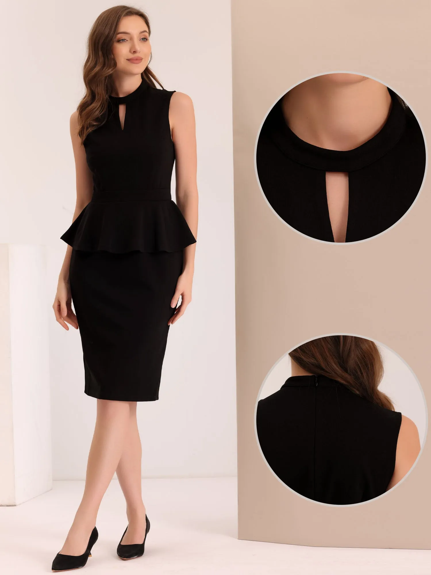 Peplum Pencil Mock Neck Sleeveless Work Sheath Dress sold by Allegra K product image thumbnail 3