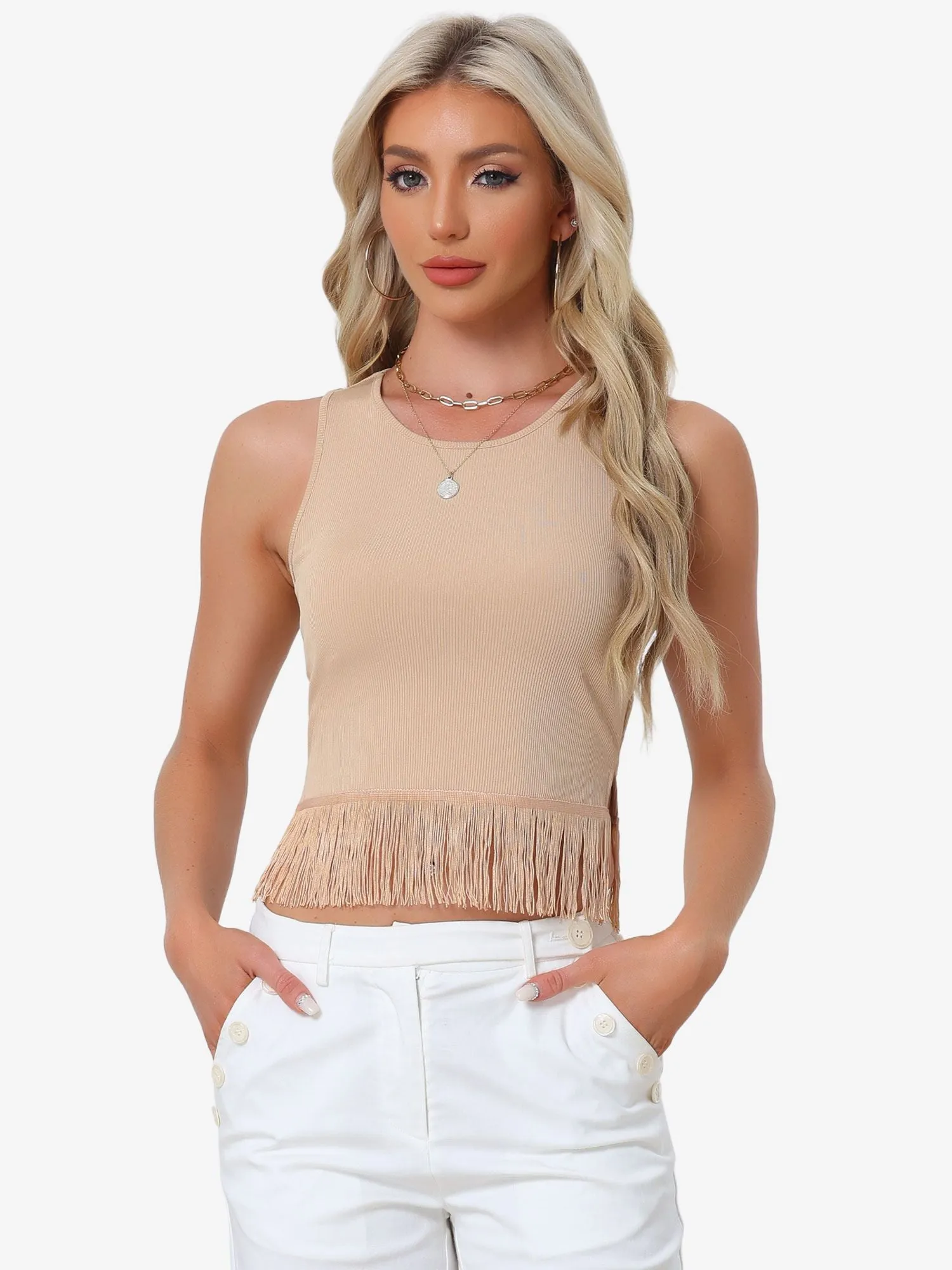 Crew Neck Sleeveless Crop Tassel Trim Ribbed Knit Tank sold by Allegra K