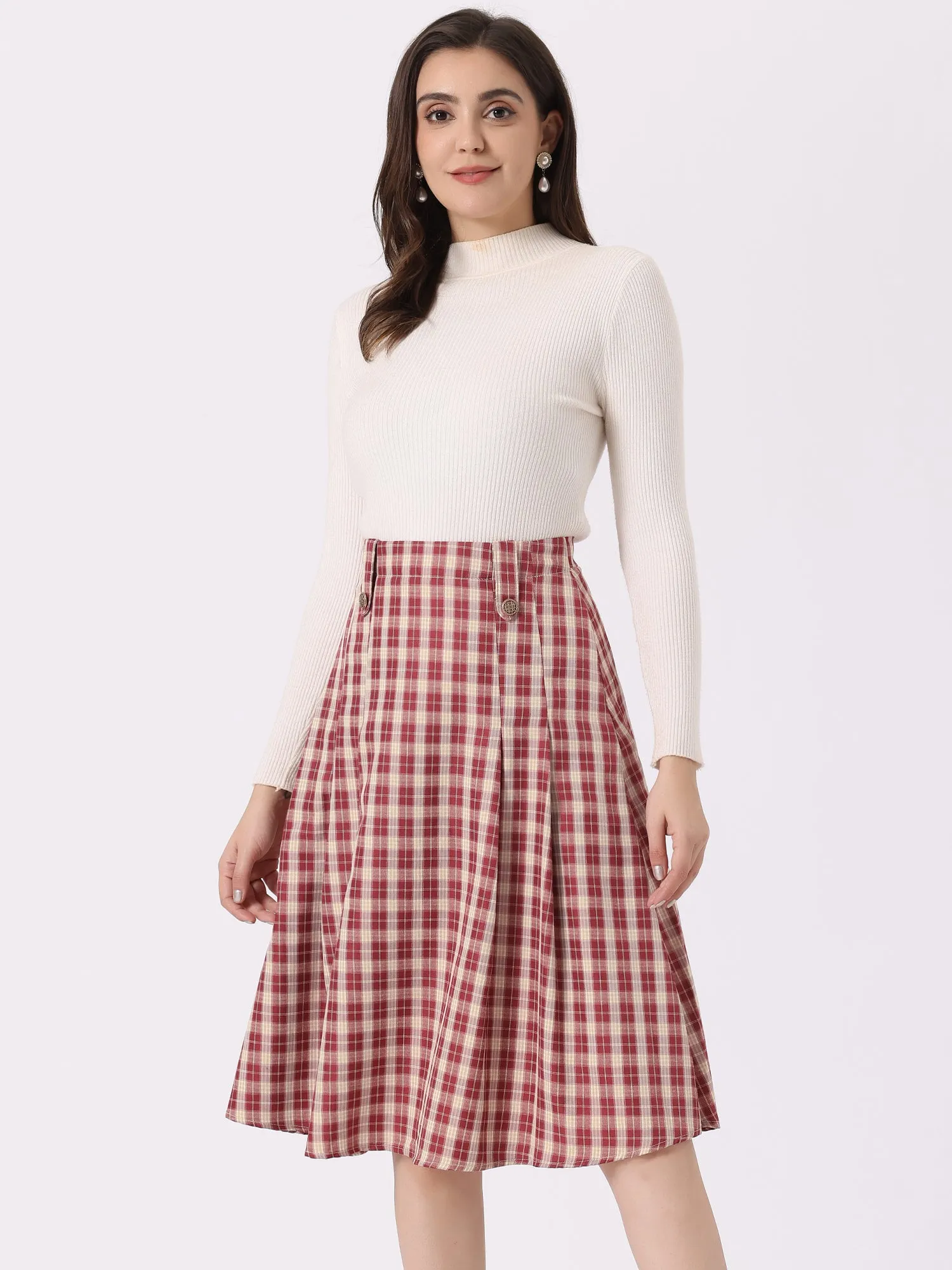 Vintage Plaid High Waist Pleated A-Line Midi Skirt sold by Allegra K