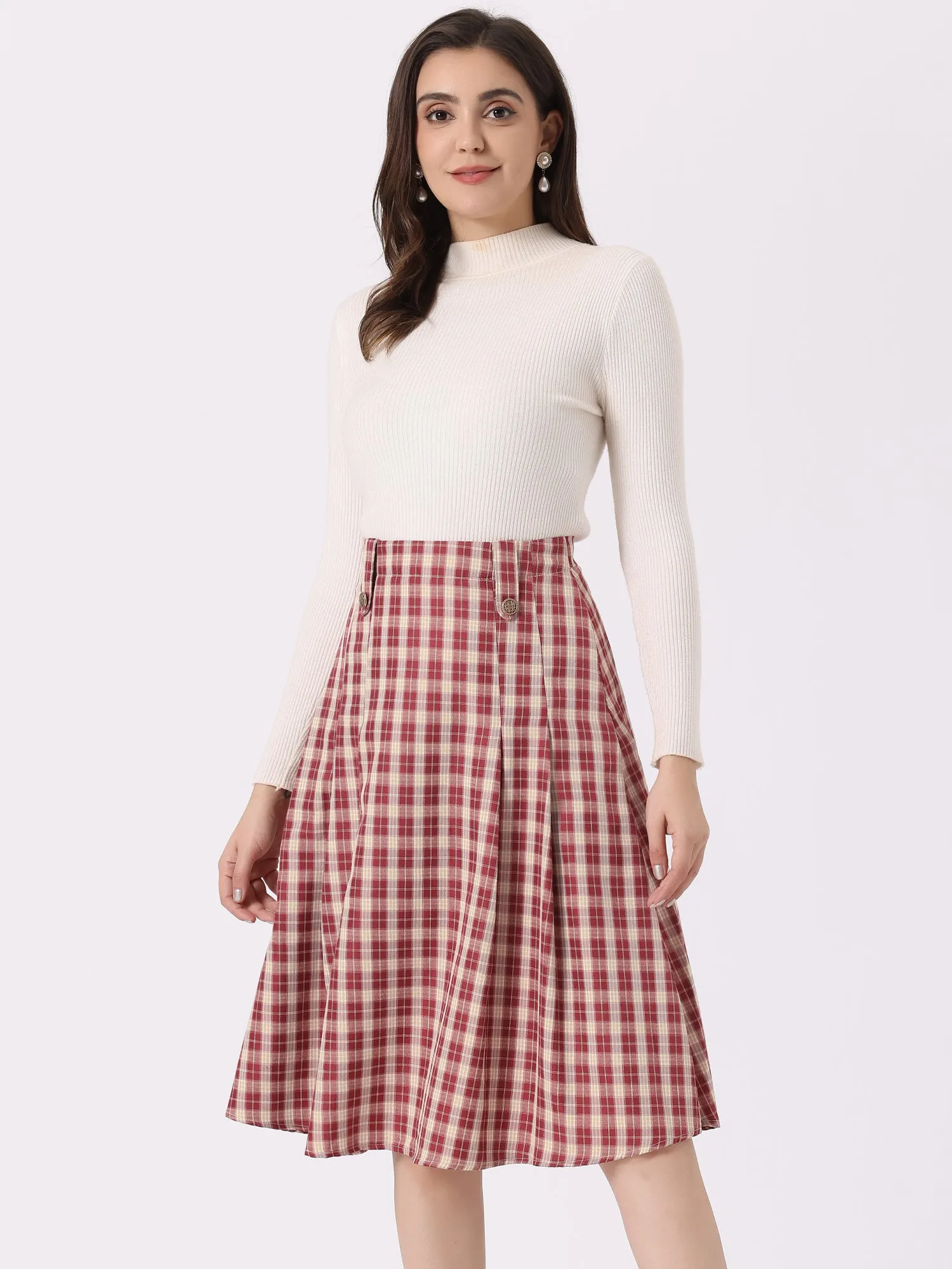 Vintage Plaid High Waist Pleated A-Line Midi Skirt sold by Allegra K product image thumbnail 3