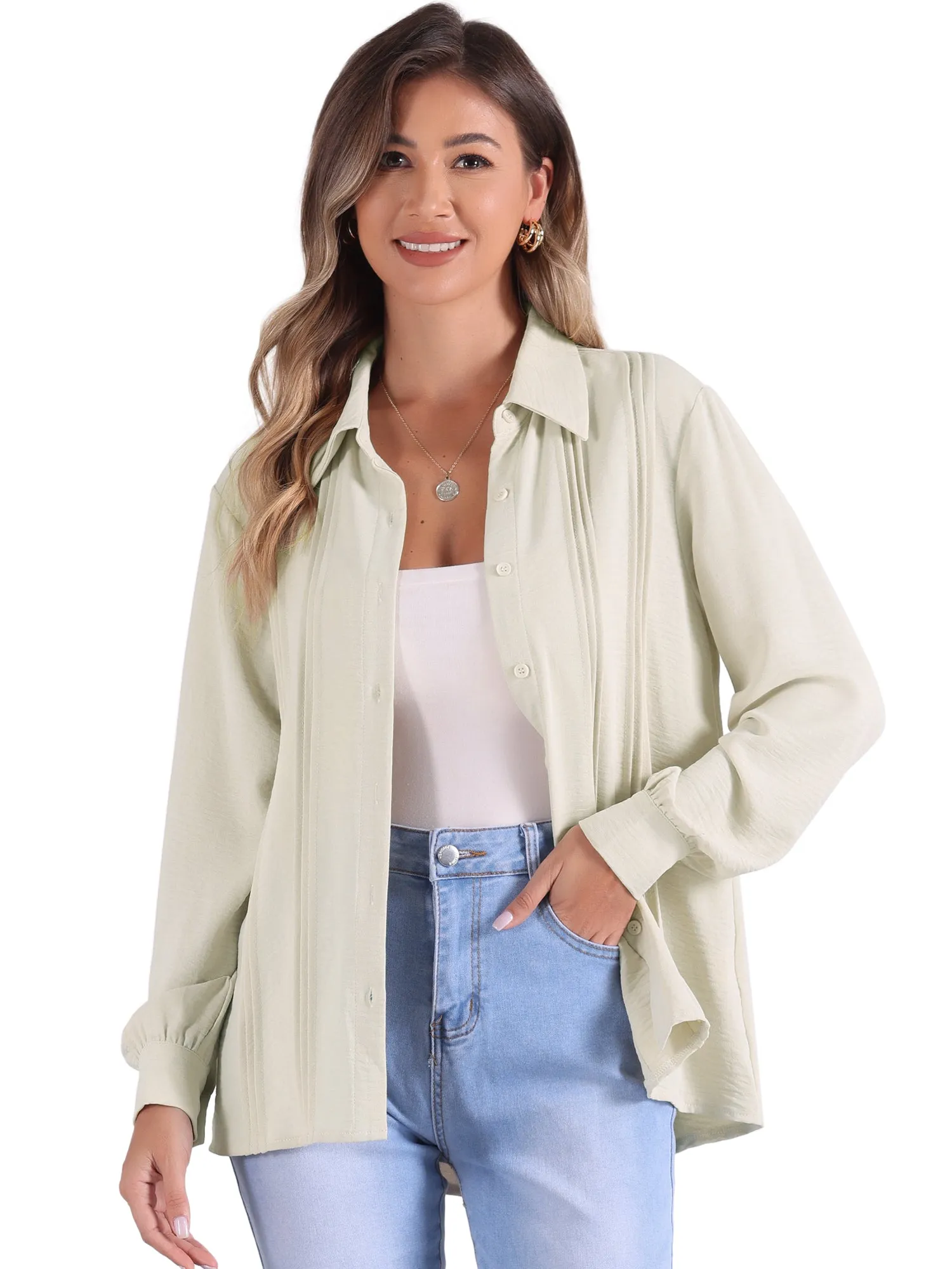 Pleated Solid Color Long Sleeves Button Down Shirts sold by Allegra K product image thumbnail 4