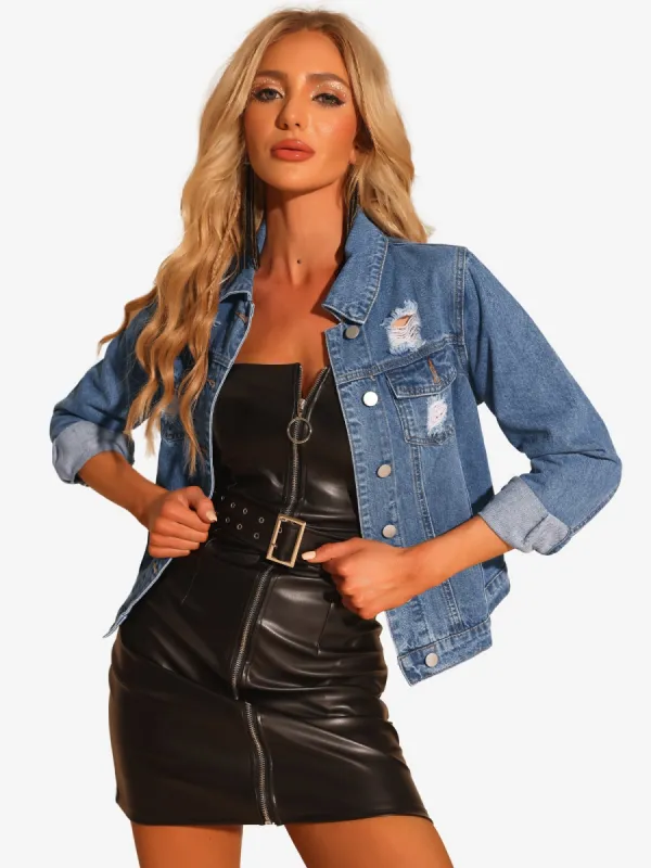 Casual Jean Ripped Distressed Button Down Denim Jacket sold by Allegra K
