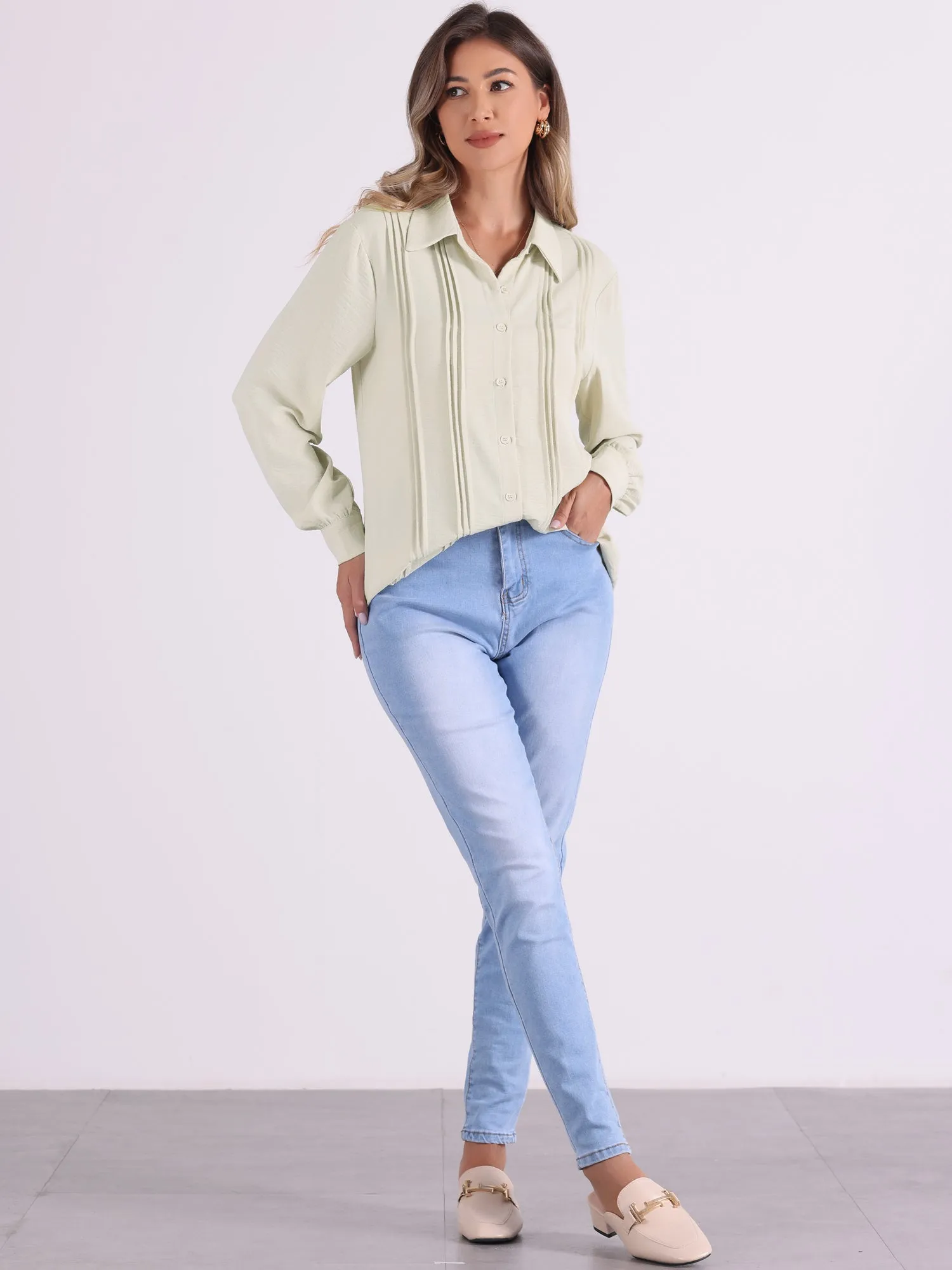 Pleated Solid Color Long Sleeves Button Down Shirts sold by Allegra K