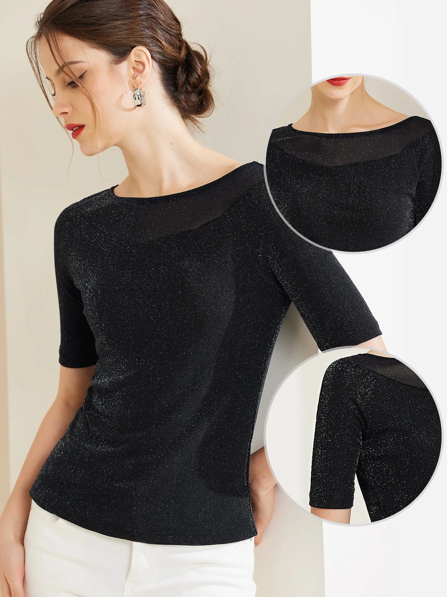 Boat Neck Glitter Stretchy Short Sleeve Mesh Elegant Tops sold by Allegra K product image thumbnail 2