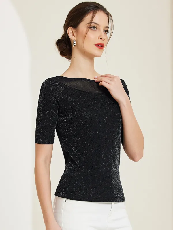 Boat Neck Glitter Stretchy Short Sleeve Mesh Elegant Tops sold by Allegra K