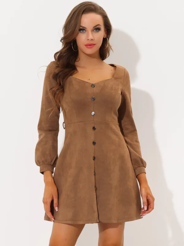 Faux Suede Sweetheart Neck Belted A-Line Mini Dress sold by Allegra K