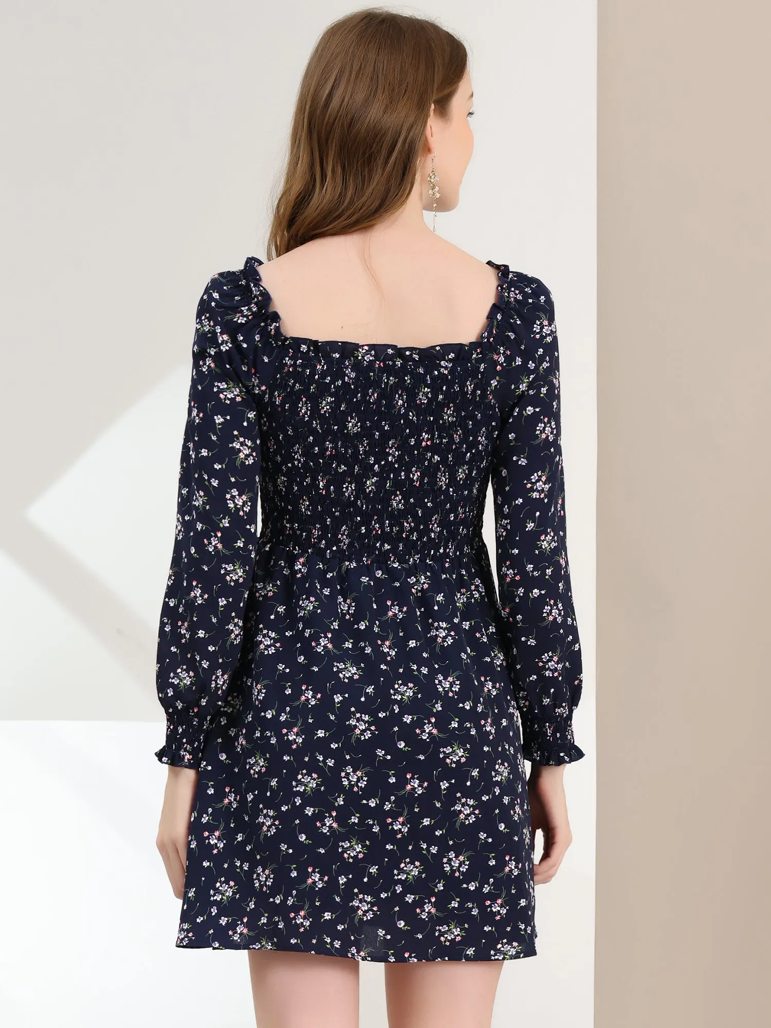 Mini Smocked Square Neck Long Sleeve Floral Print Dress sold by Allegra K product image thumbnail 2