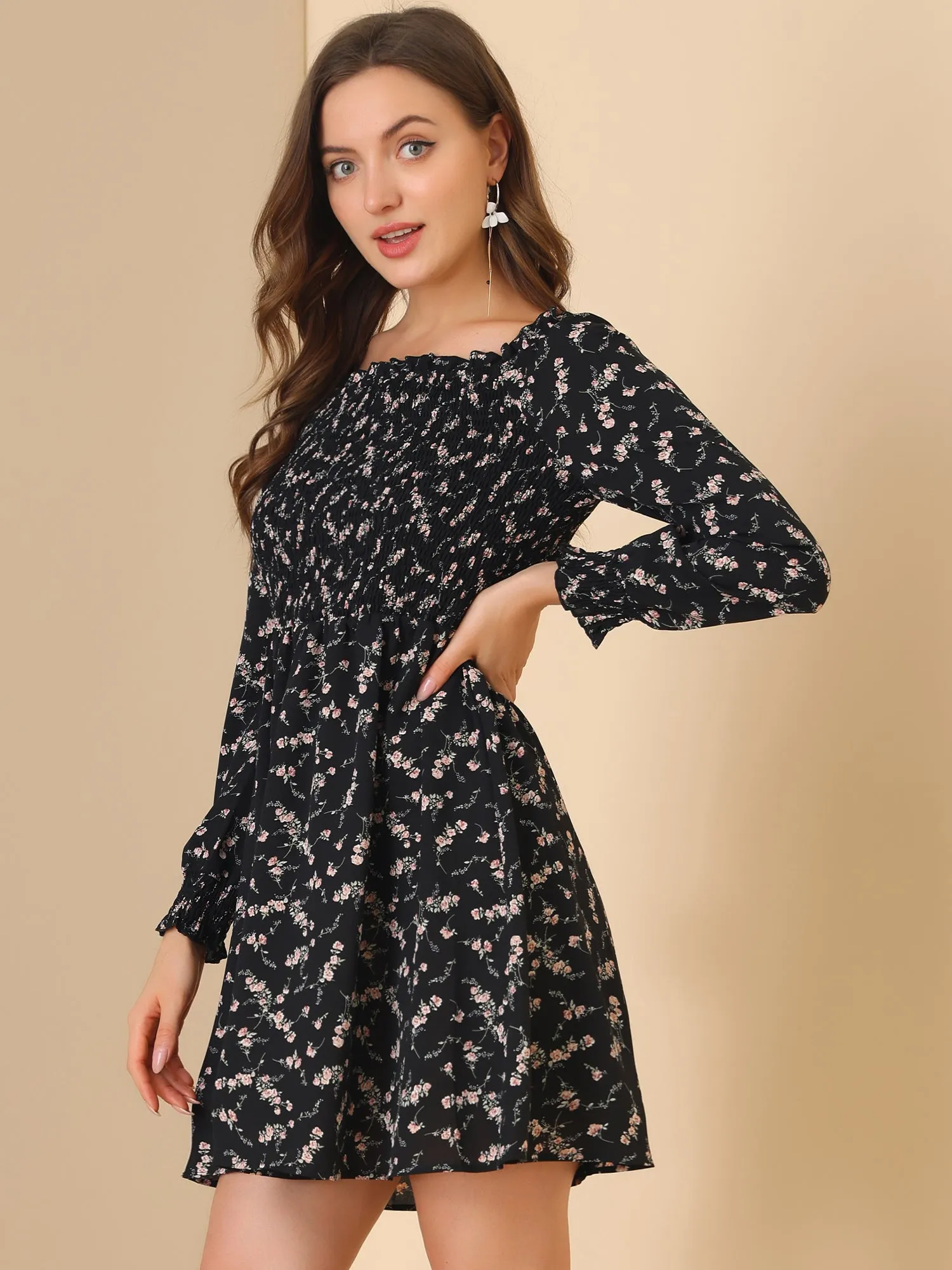 Mini Smocked Square Neck Long Sleeve Floral Print Dress sold by Allegra K product image thumbnail 4