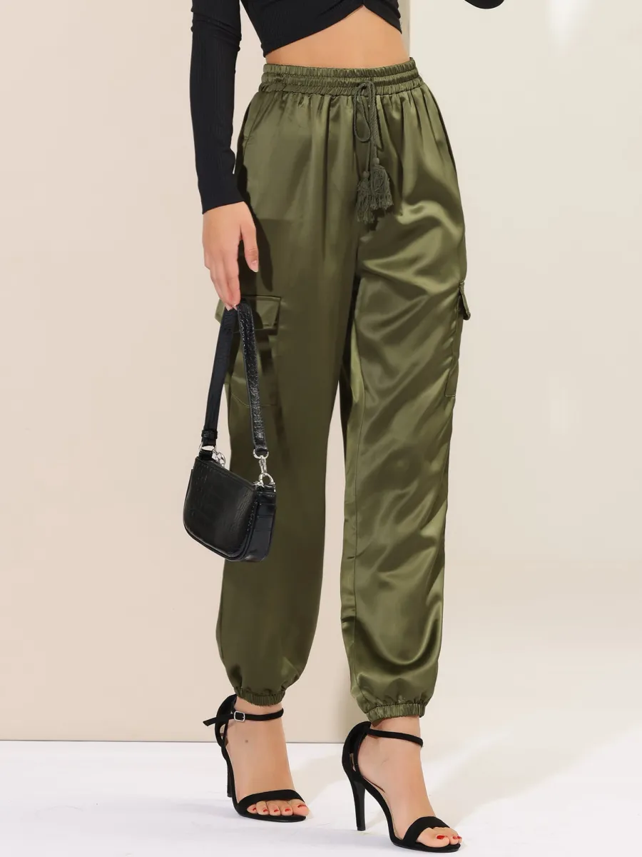 Women's Satin Joggers Drawstring Elastic High Waist Silky Satin Cargo Pants sold by Allegra K