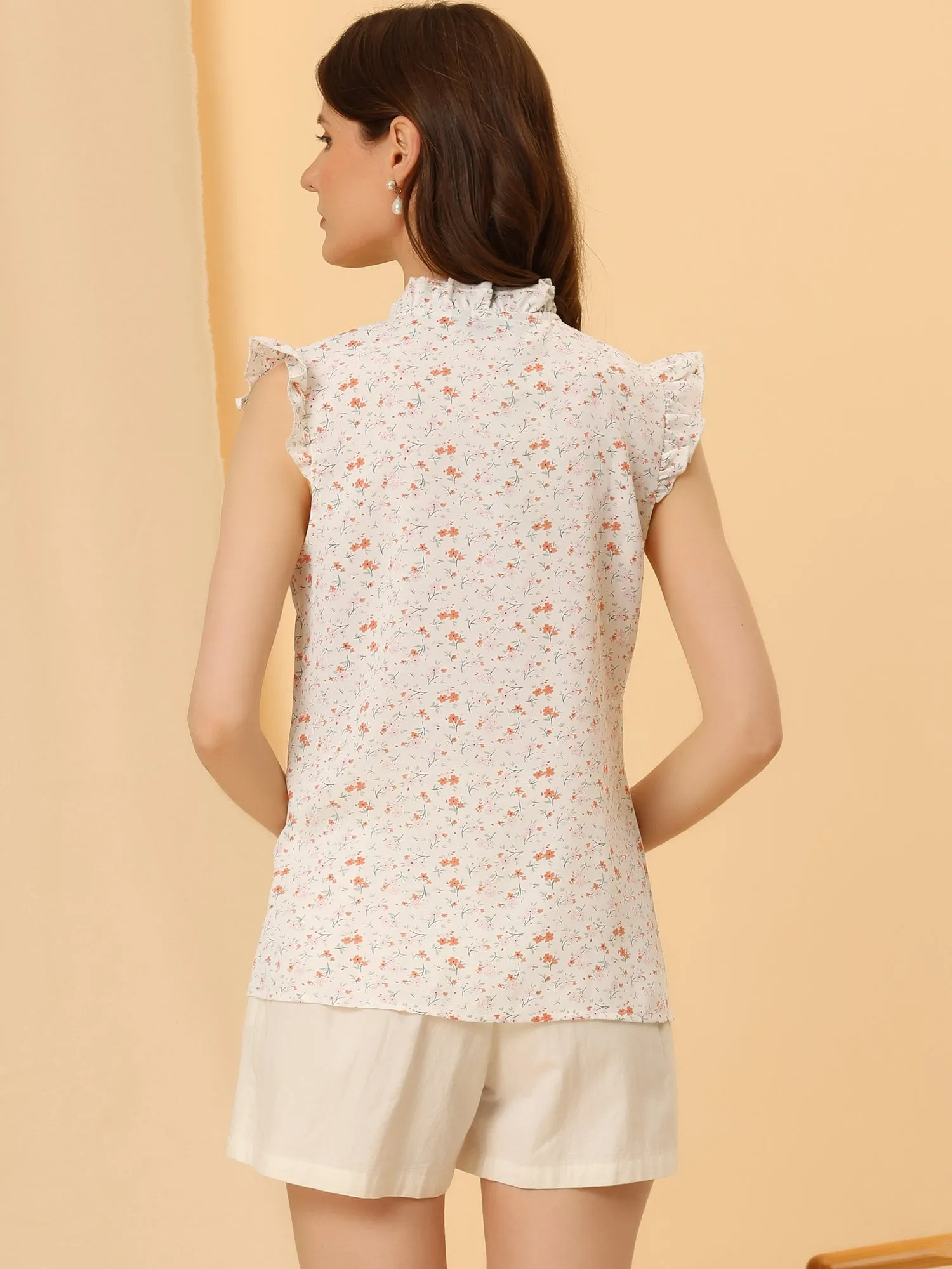 Summer Sleeveless Blouse V Neck Button Front Floral Ruffle Tops sold by Allegra K product image thumbnail 3