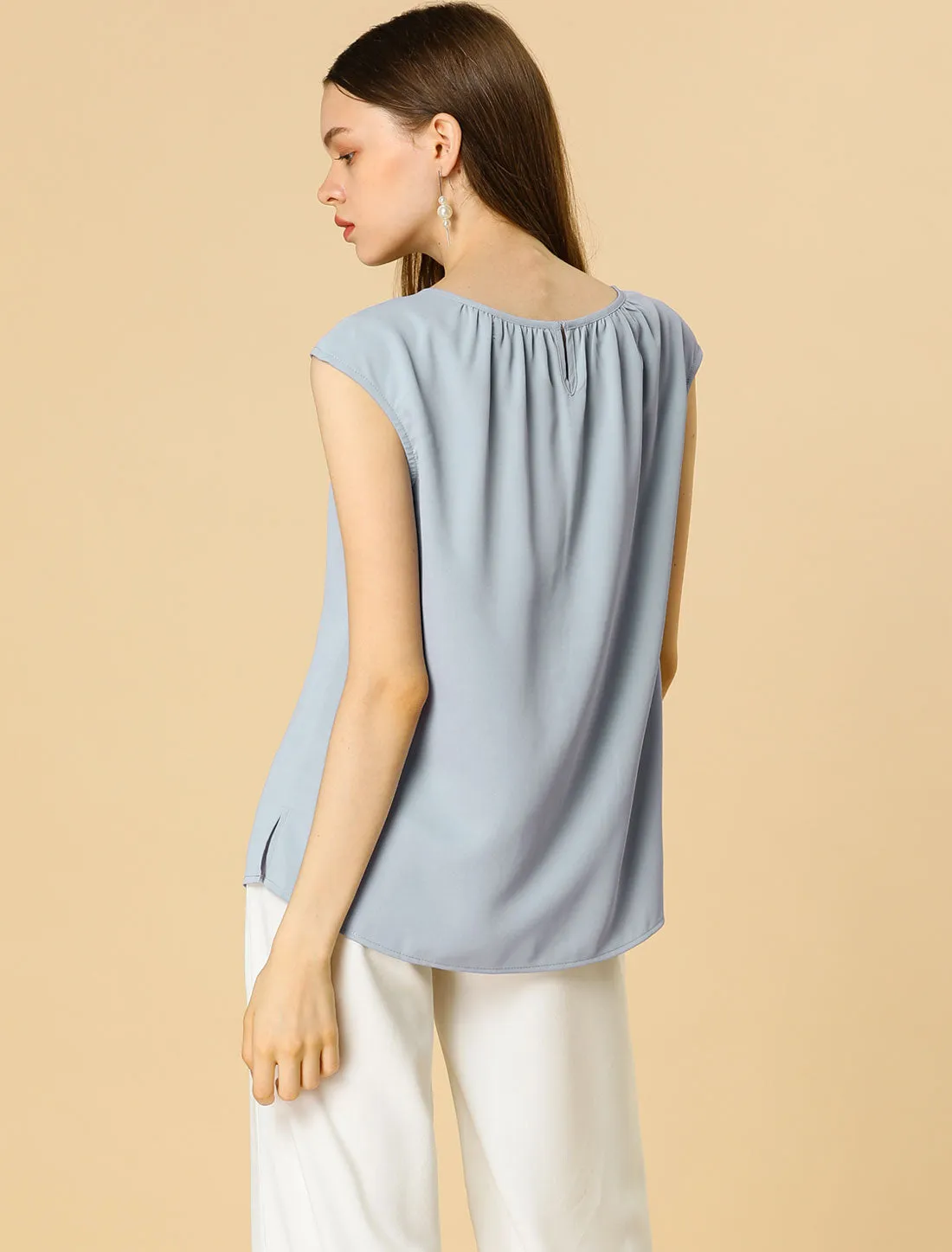 Work Business Top Pleated Round Neck Chiffon Cap Sleeve Casual Blouse sold by Allegra K product image thumbnail 5