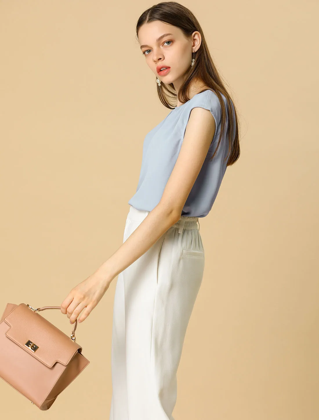 Work Business Top Pleated Round Neck Chiffon Cap Sleeve Casual Blouse sold by Allegra K product image thumbnail 4