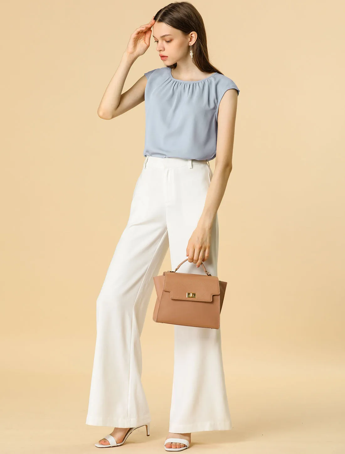 Work Business Top Pleated Round Neck Chiffon Cap Sleeve Casual Blouse sold by Allegra K product image thumbnail 3