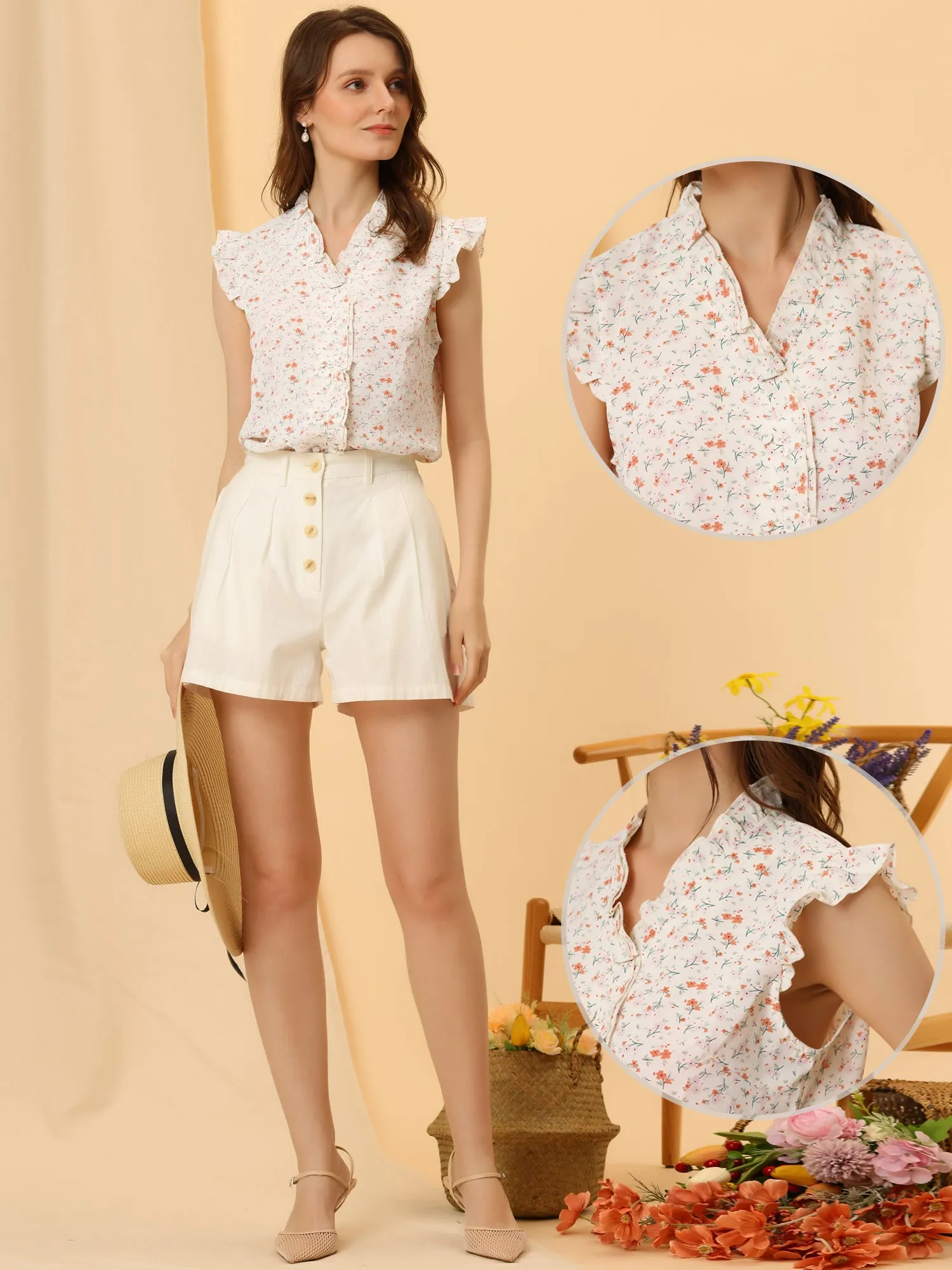 Summer Sleeveless Blouse V Neck Button Front Floral Ruffle Tops sold by Allegra K product image thumbnail 2
