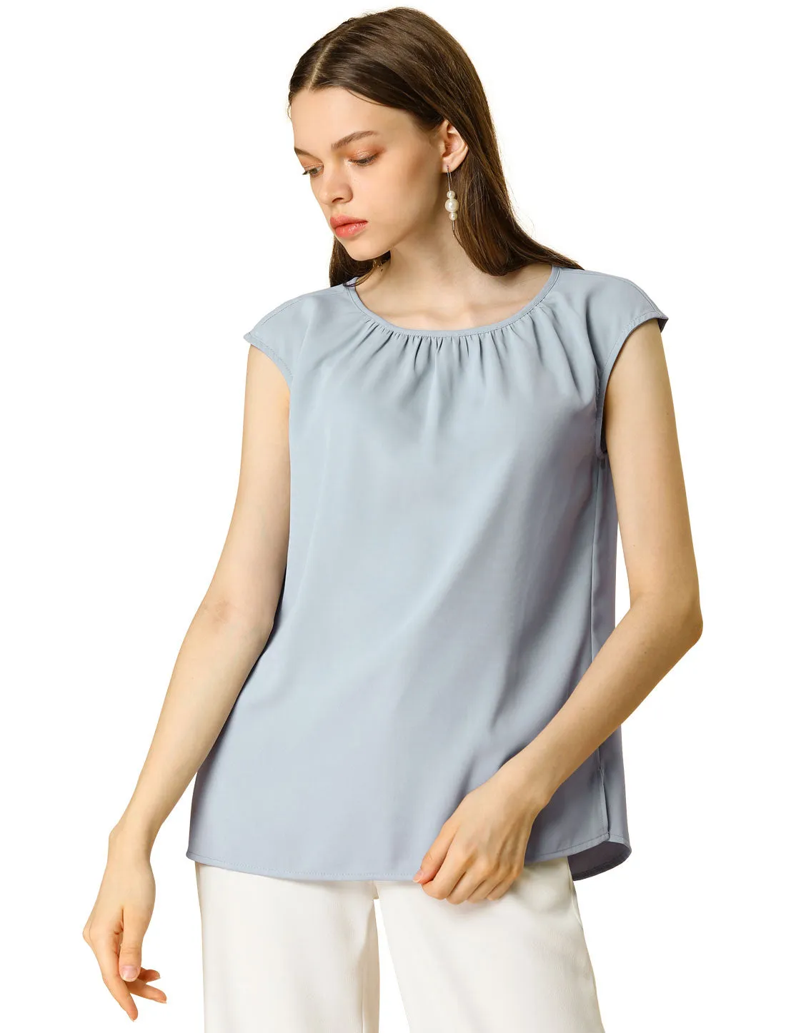 Work Business Top Pleated Round Neck Chiffon Cap Sleeve Casual Blouse sold by Allegra K product image thumbnail 2