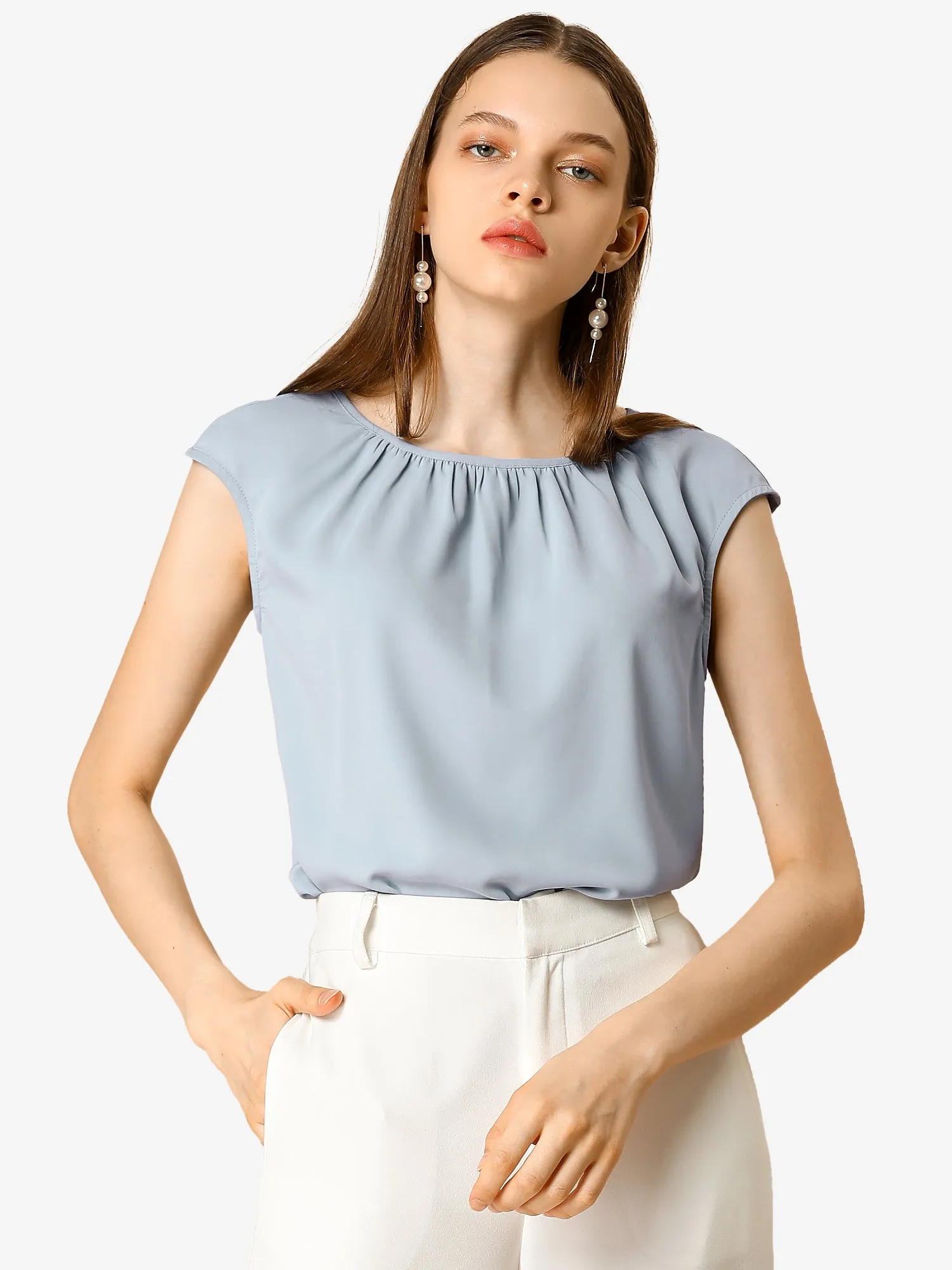 Work Business Top Pleated Round Neck Chiffon Cap Sleeve Casual Blouse sold by Allegra K