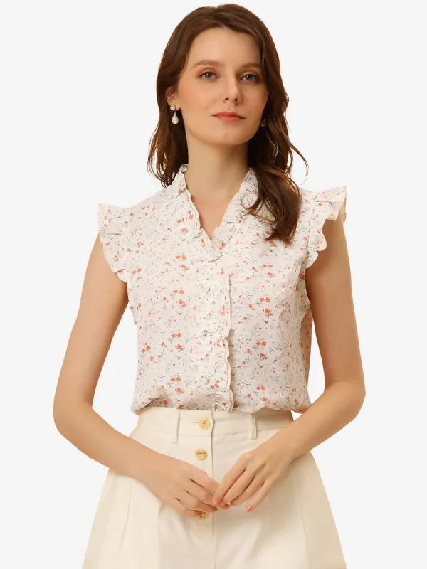 Summer Sleeveless Blouse V Neck Button Front Floral Ruffle Tops sold by Allegra K