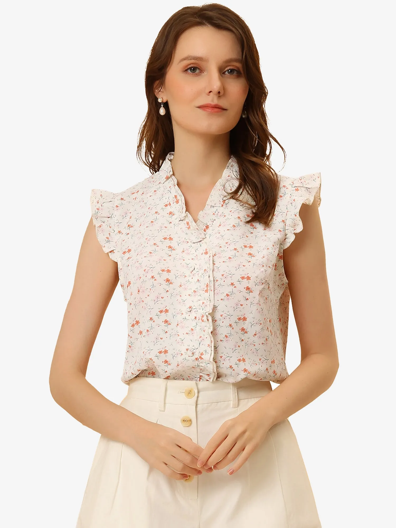 Summer Sleeveless Blouse V Neck Button Front Floral Ruffle Tops sold by Allegra K
