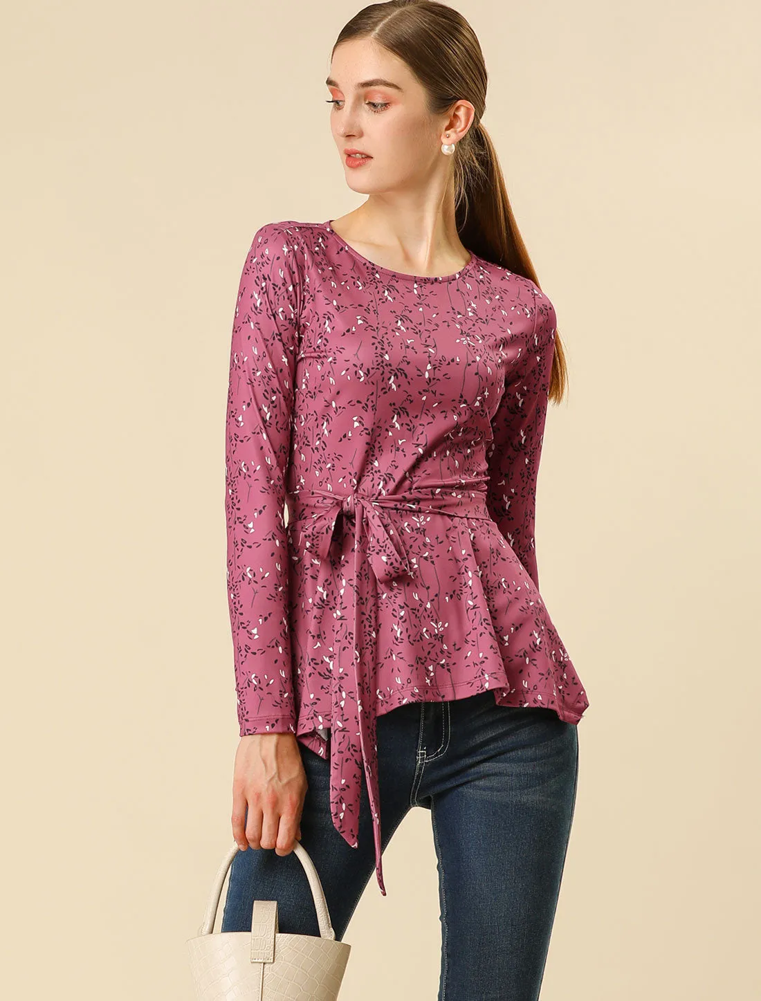 Floral Long Sleeve Asymmetrical Ruffle Hem Belted Flare Peplum Tops sold by Allegra K product image thumbnail 3