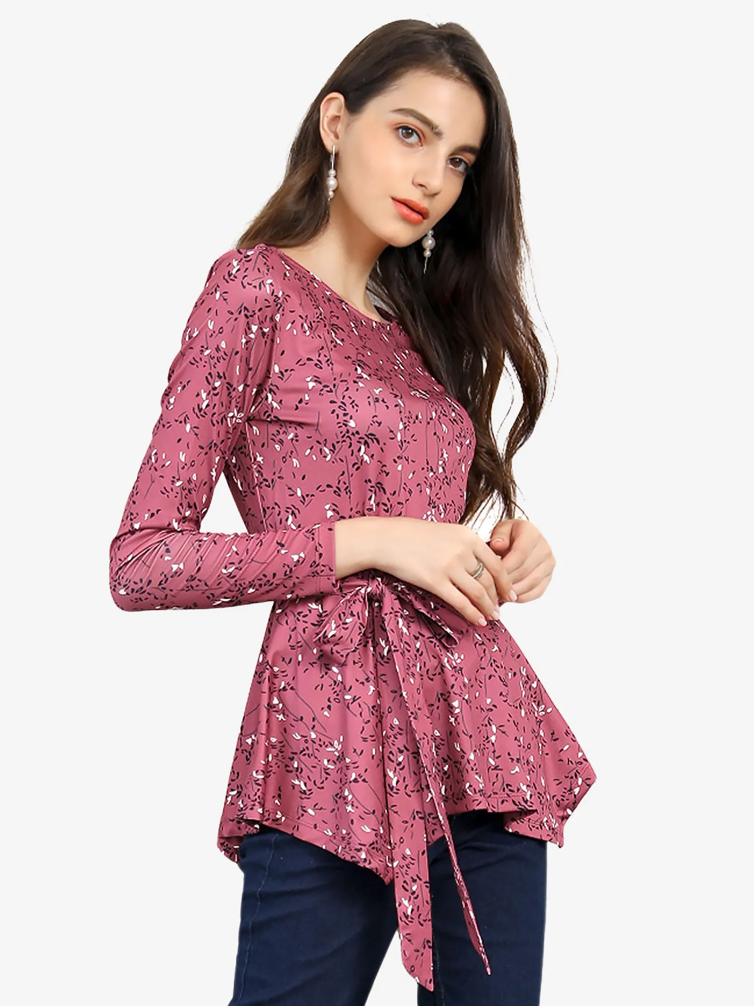 Floral Long Sleeve Asymmetrical Ruffle Hem Belted Flare Peplum Tops sold by Allegra K
