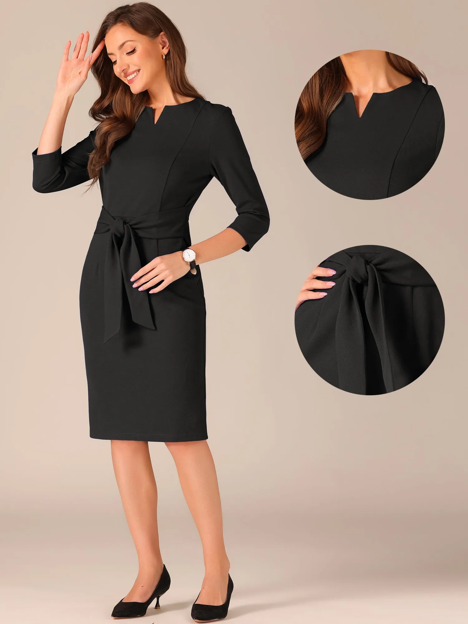 Tie Front Slit Neck 3/4 Sleeve Dressy Casual Sheath Dress sold by Allegra K product image thumbnail 2