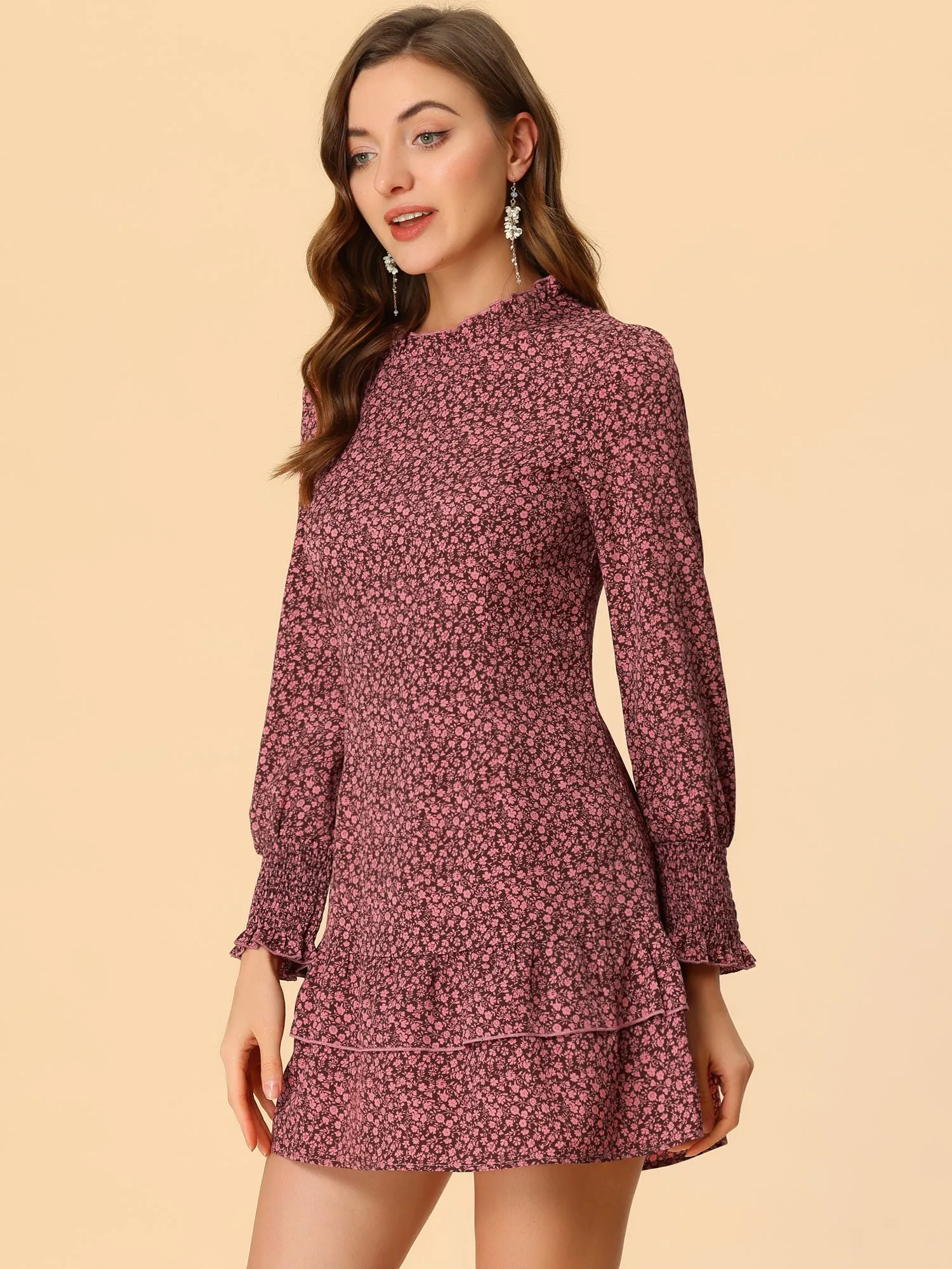 Valentine Floral Elegant Round Neck A-Line Ruffle Hem Layer Dress sold by Allegra K product image thumbnail 3