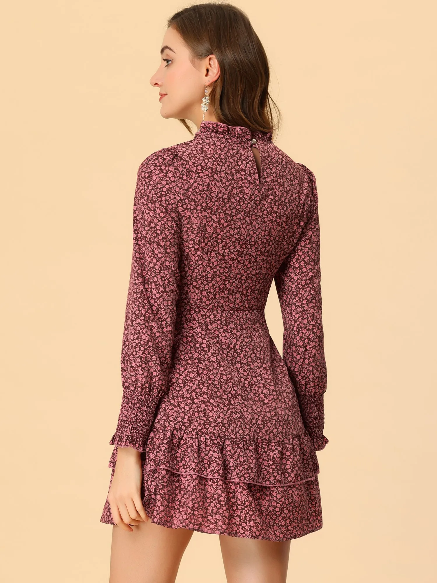 Valentine Floral Elegant Round Neck A-Line Ruffle Hem Layer Dress sold by Allegra K product image thumbnail 4