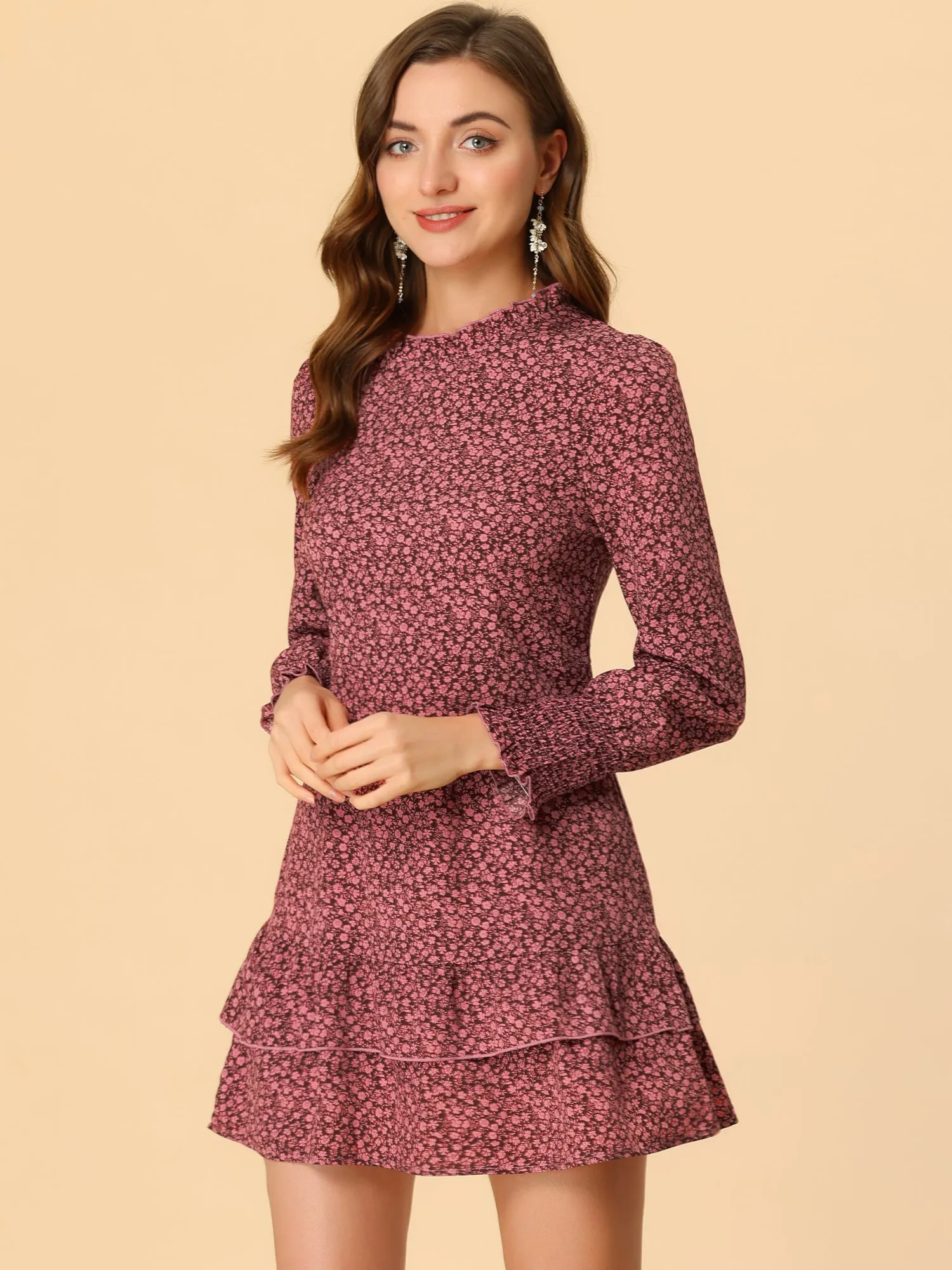 Valentine Floral Elegant Round Neck A-Line Ruffle Hem Layer Dress sold by Allegra K