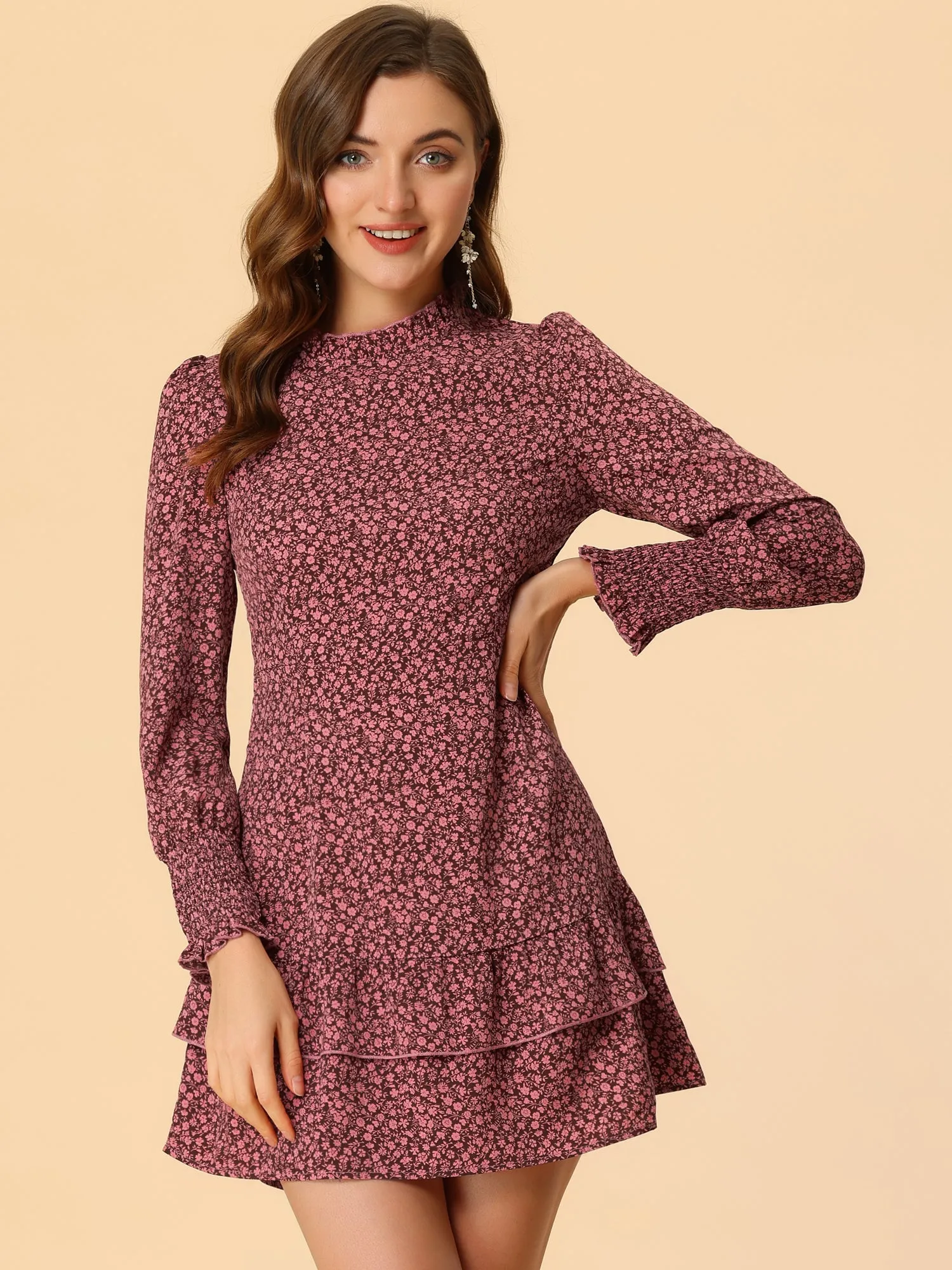 Valentine Floral Elegant Round Neck A-Line Ruffle Hem Layer Dress sold by Allegra K product image thumbnail 2