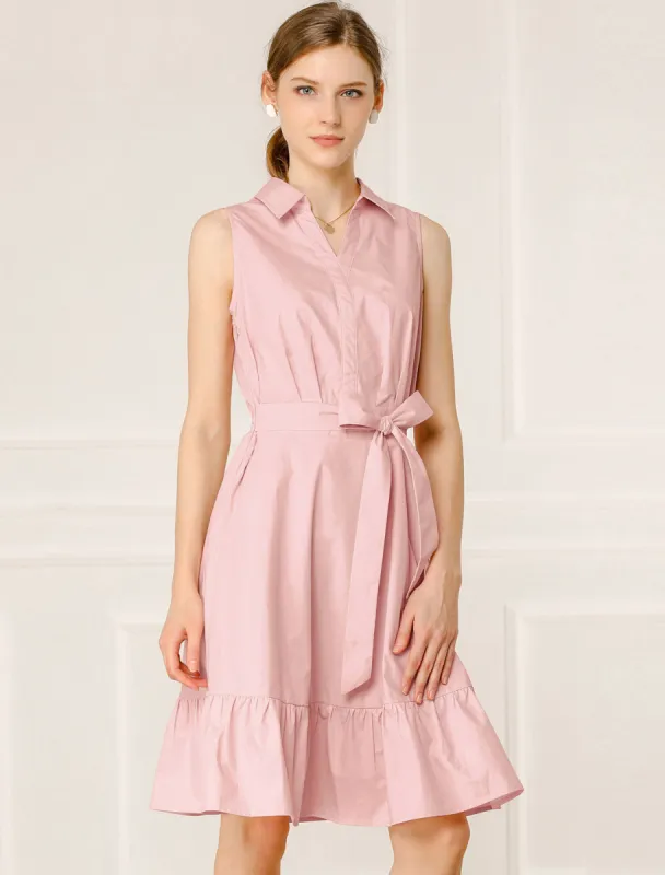 Cotton Casual Ruffled Sleeveless Vintage Belted Shirt Dress sold by Allegra K