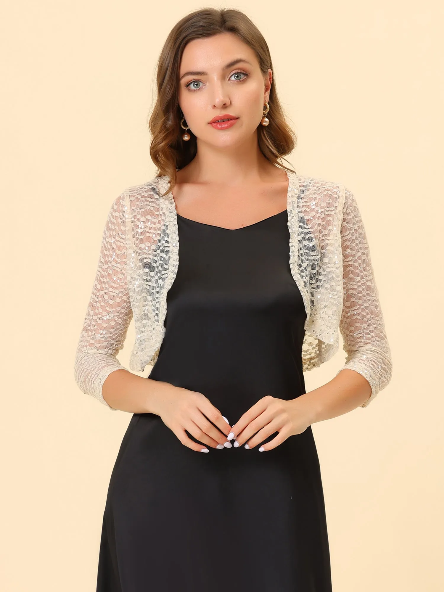 Sequin Shrug Top 3/4 Sleeve Floral Lace Sheer Crop Cardigan sold by Allegra K product image thumbnail 5