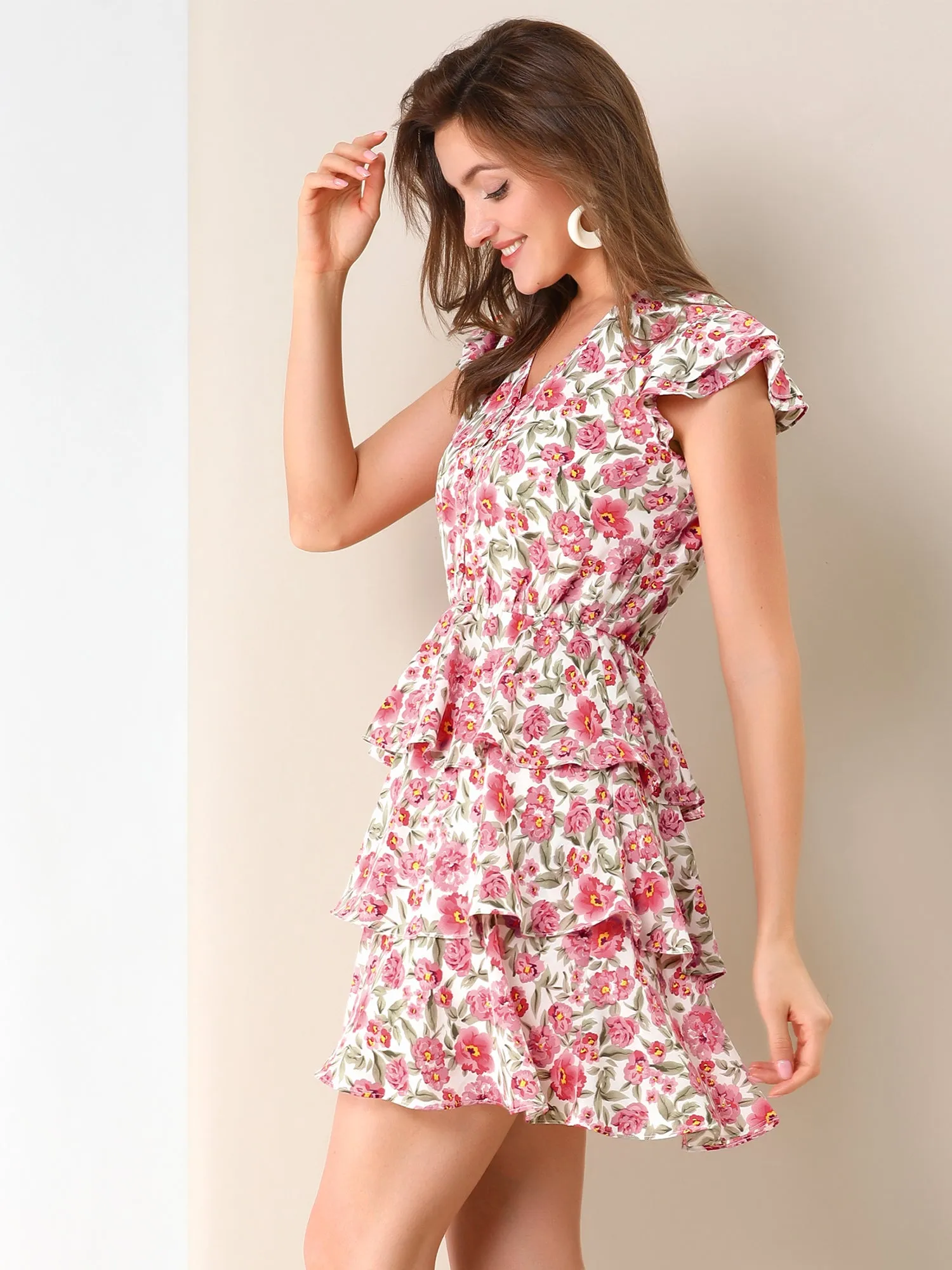 V Neck Layered Cap Sleeve Ruffle Valentine's Day Floral Mini Dress sold by Allegra K product image thumbnail 3