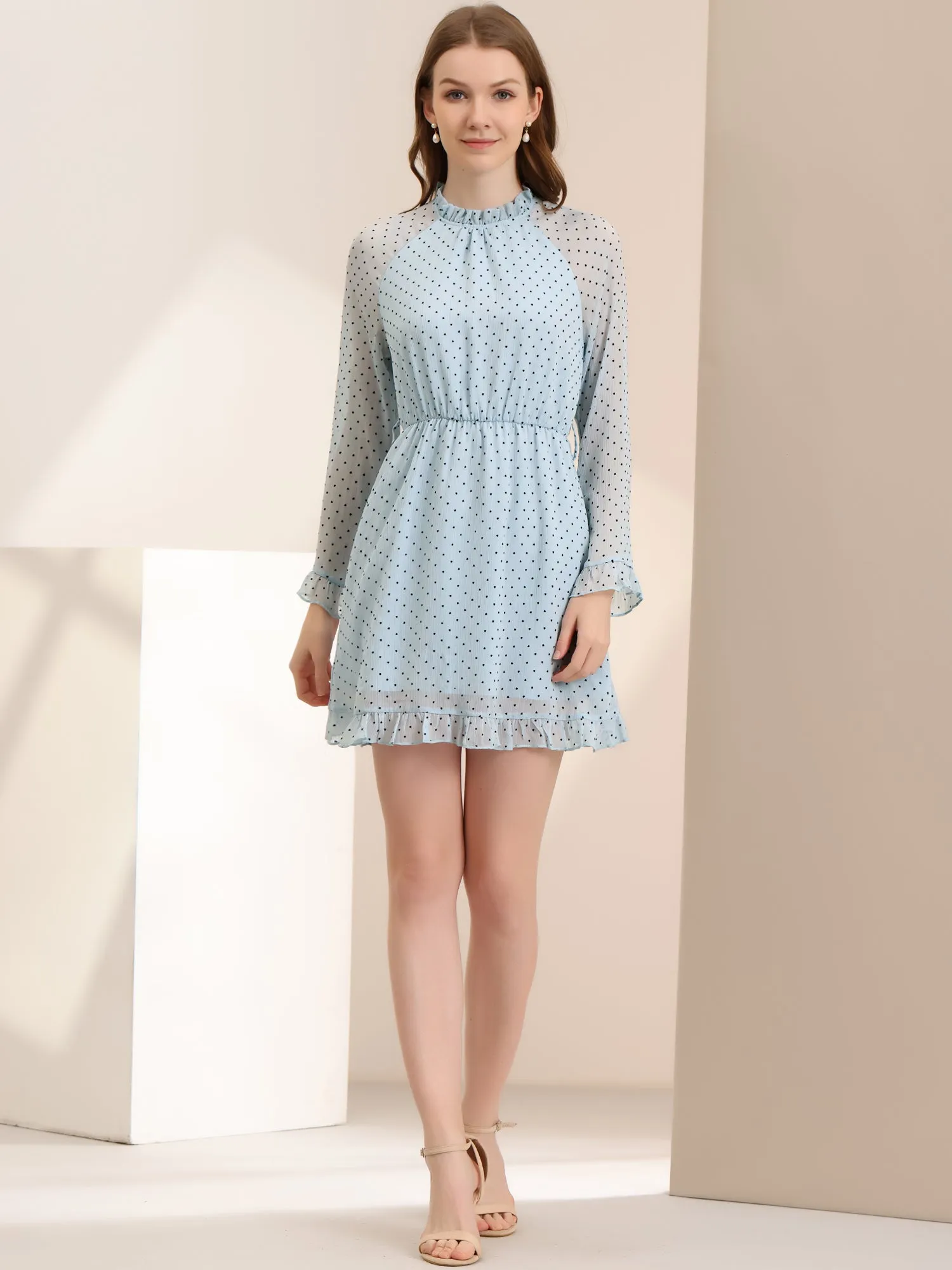 Ruffle Hem Polka Dot Belted Bell Sleeve Chiffon Dress sold by Allegra K product image thumbnail 2