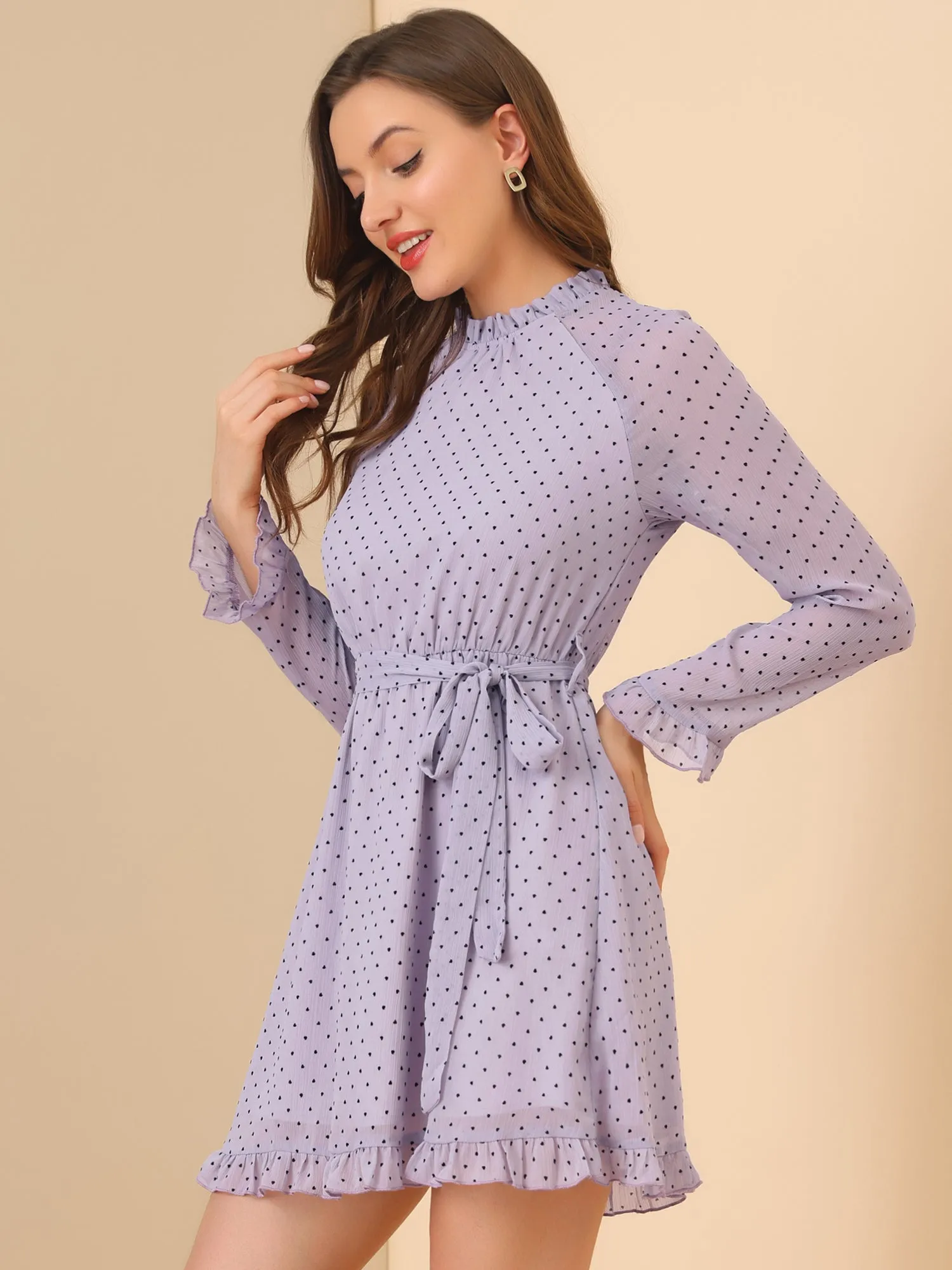 Ruffle Hem Polka Dot Belted Bell Sleeve Chiffon Dress sold by Allegra K product image thumbnail 3