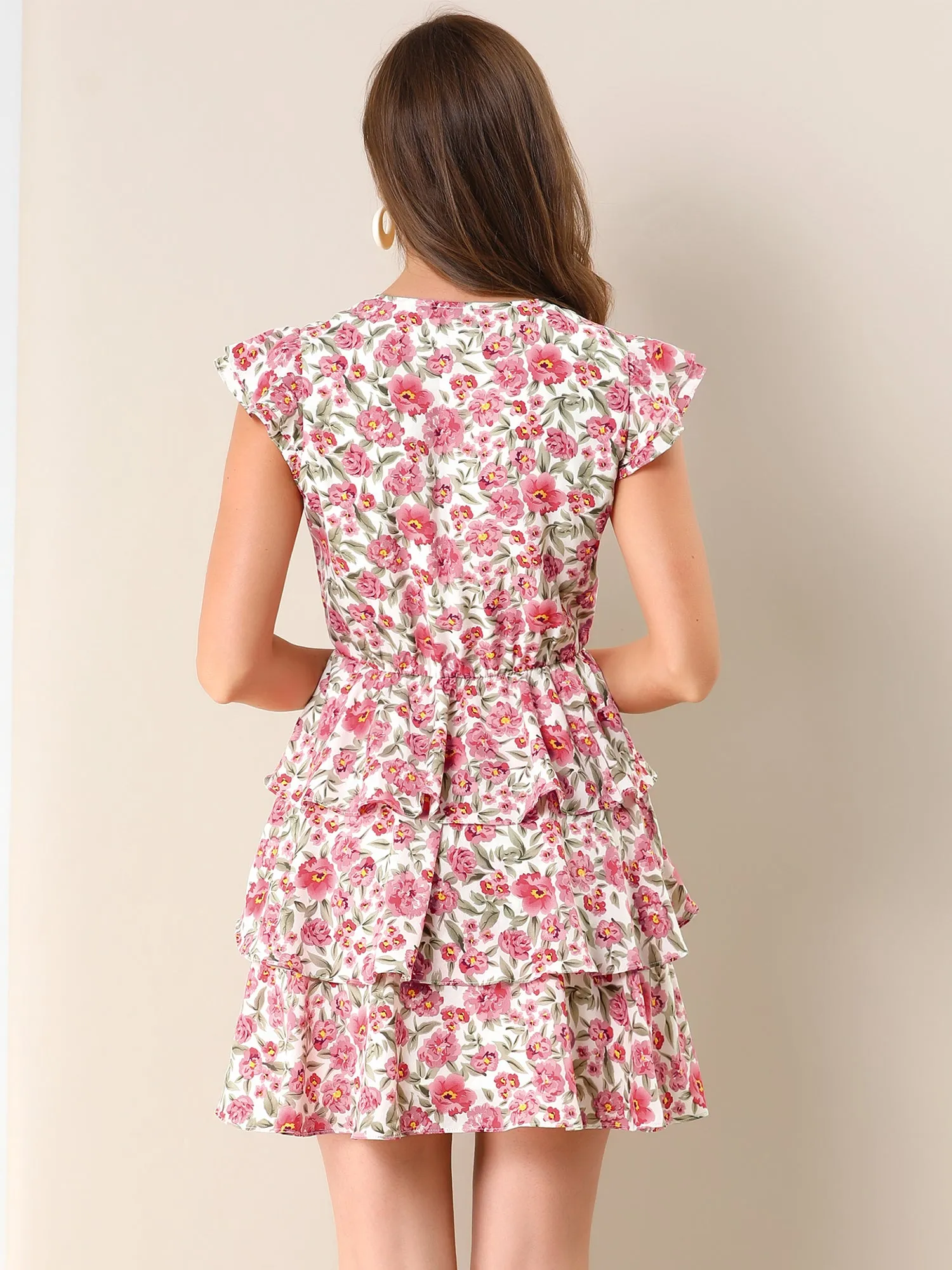 V Neck Layered Cap Sleeve Ruffle Valentine's Day Floral Mini Dress sold by Allegra K product image thumbnail 4