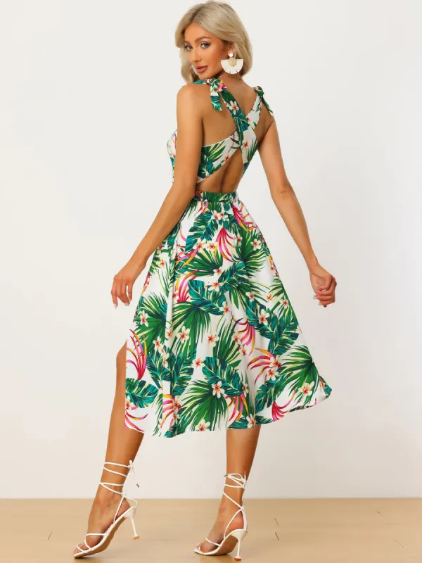 Tropical Print Summer Backless Cutout Split Floral Boho Beach Dress Sundress sold by Allegra K