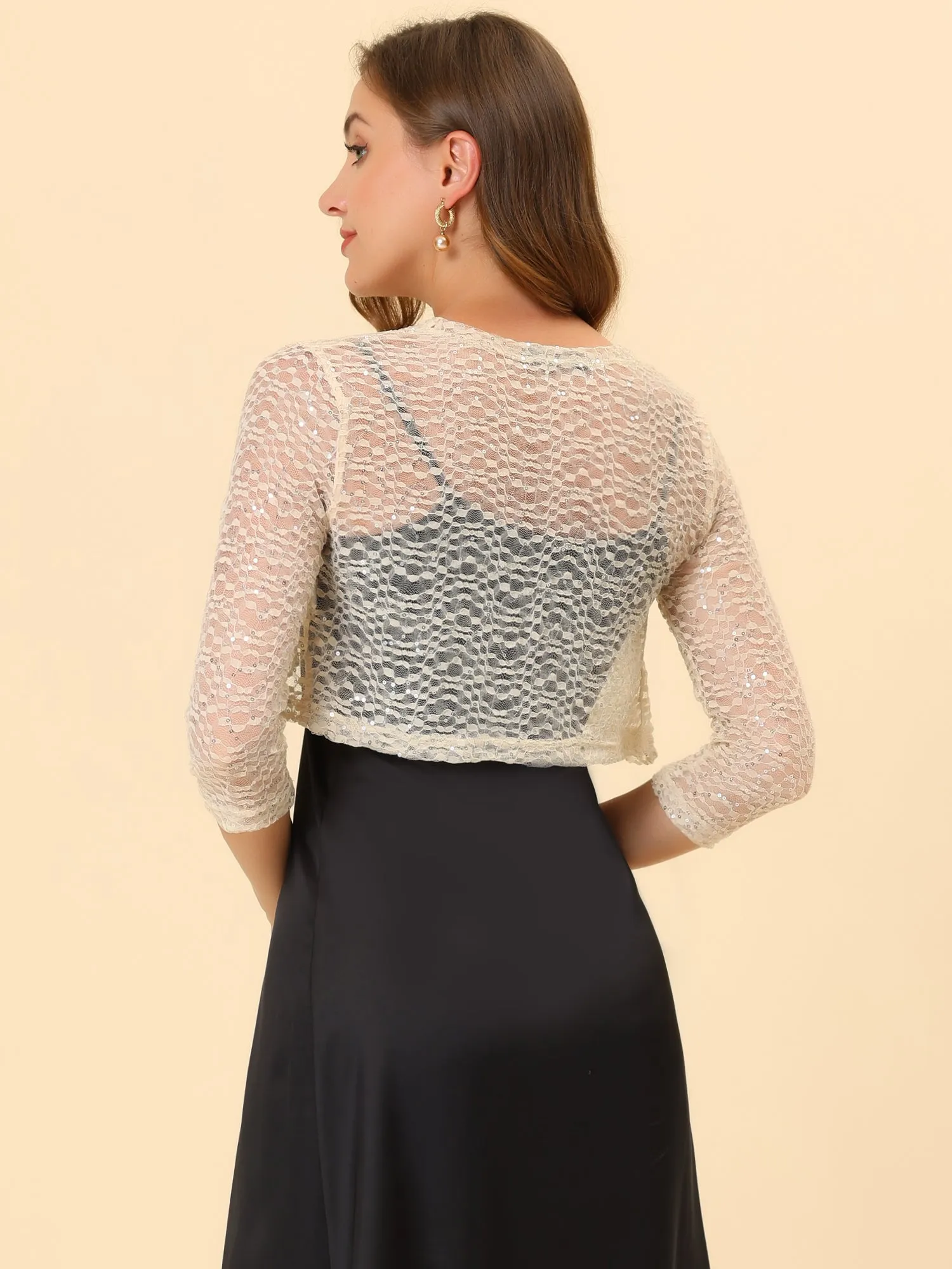 Sequin Shrug Top 3/4 Sleeve Floral Lace Sheer Crop Cardigan sold by Allegra K product image thumbnail 3