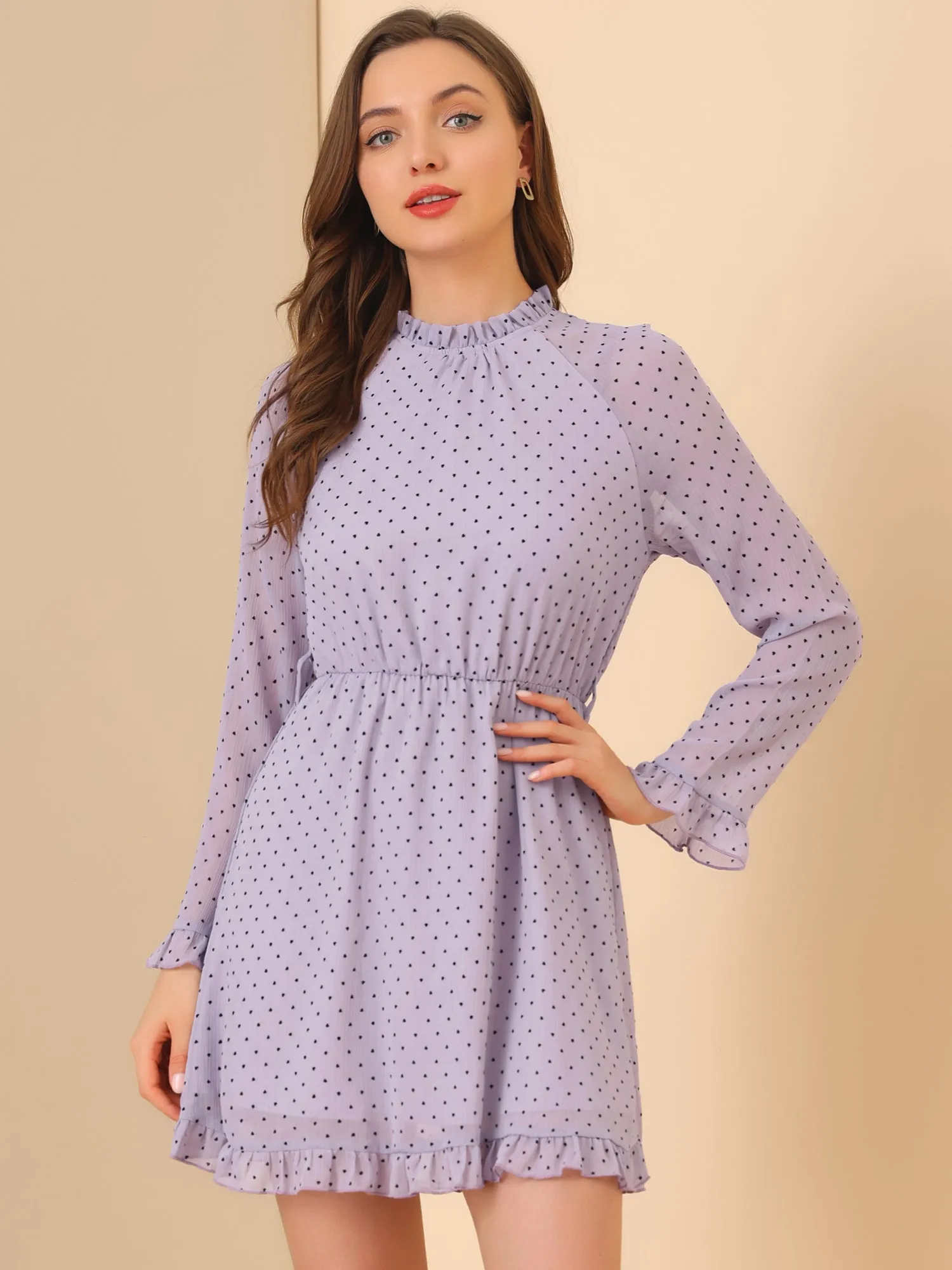 Ruffle Hem Polka Dot Belted Bell Sleeve Chiffon Dress sold by Allegra K product image thumbnail 4