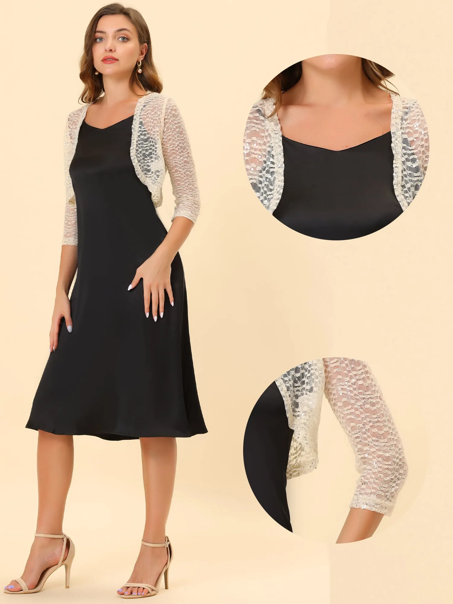 Sequin Shrug Top 3/4 Sleeve Floral Lace Sheer Crop Cardigan sold by Allegra K product image thumbnail 2