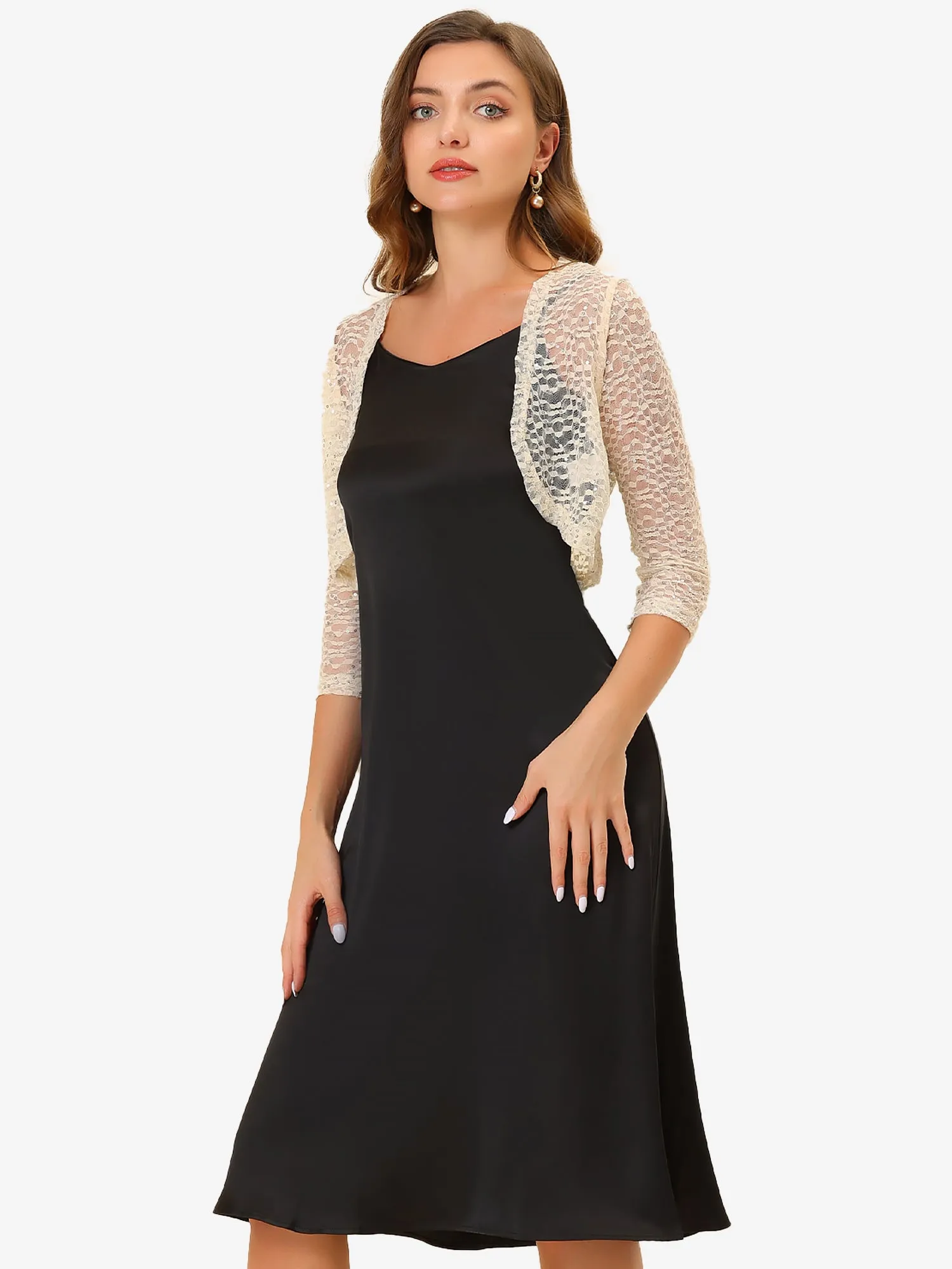 Sequin Shrug Top 3/4 Sleeve Floral Lace Sheer Crop Cardigan sold by Allegra K